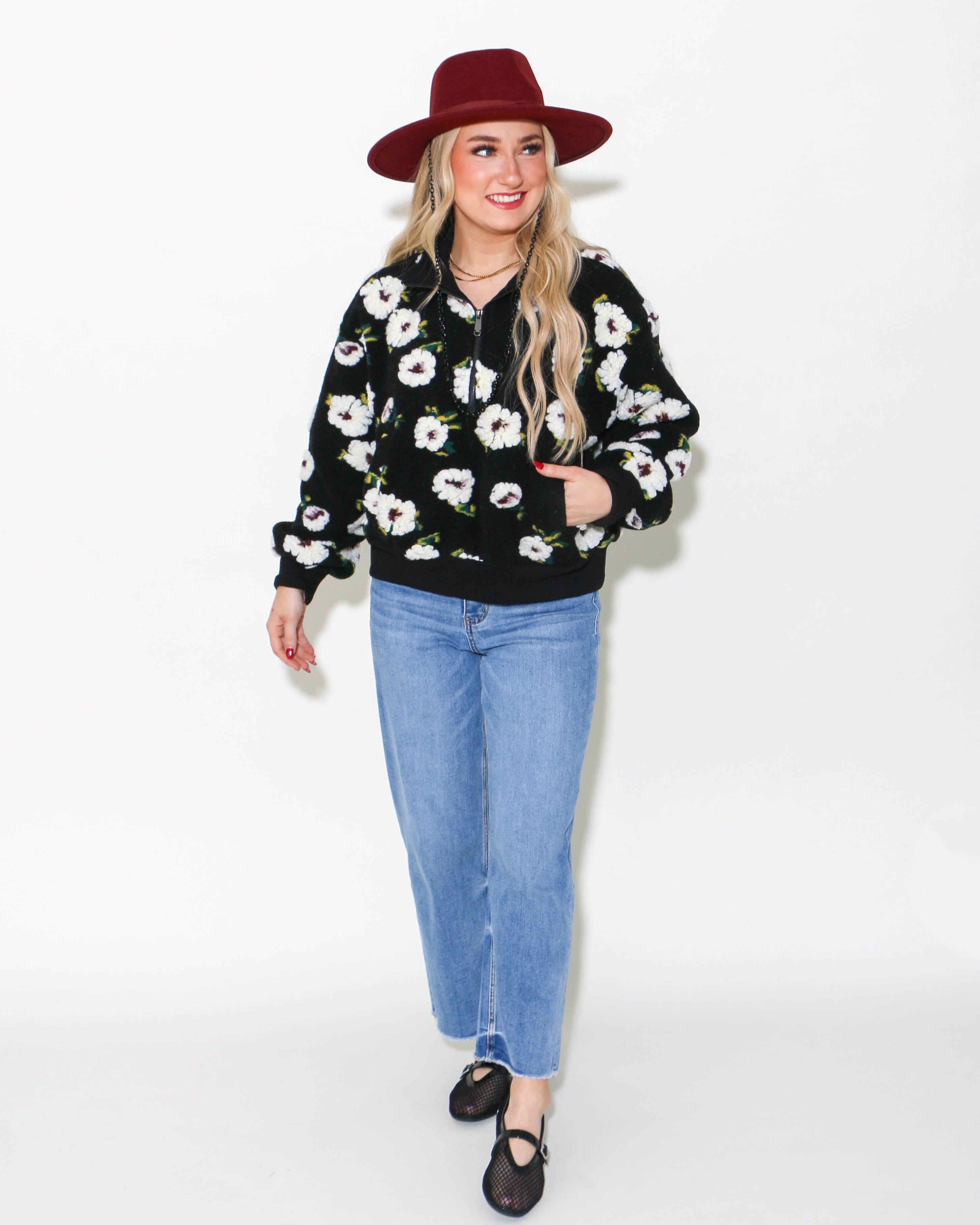 Black Floral Half Zip Sweater