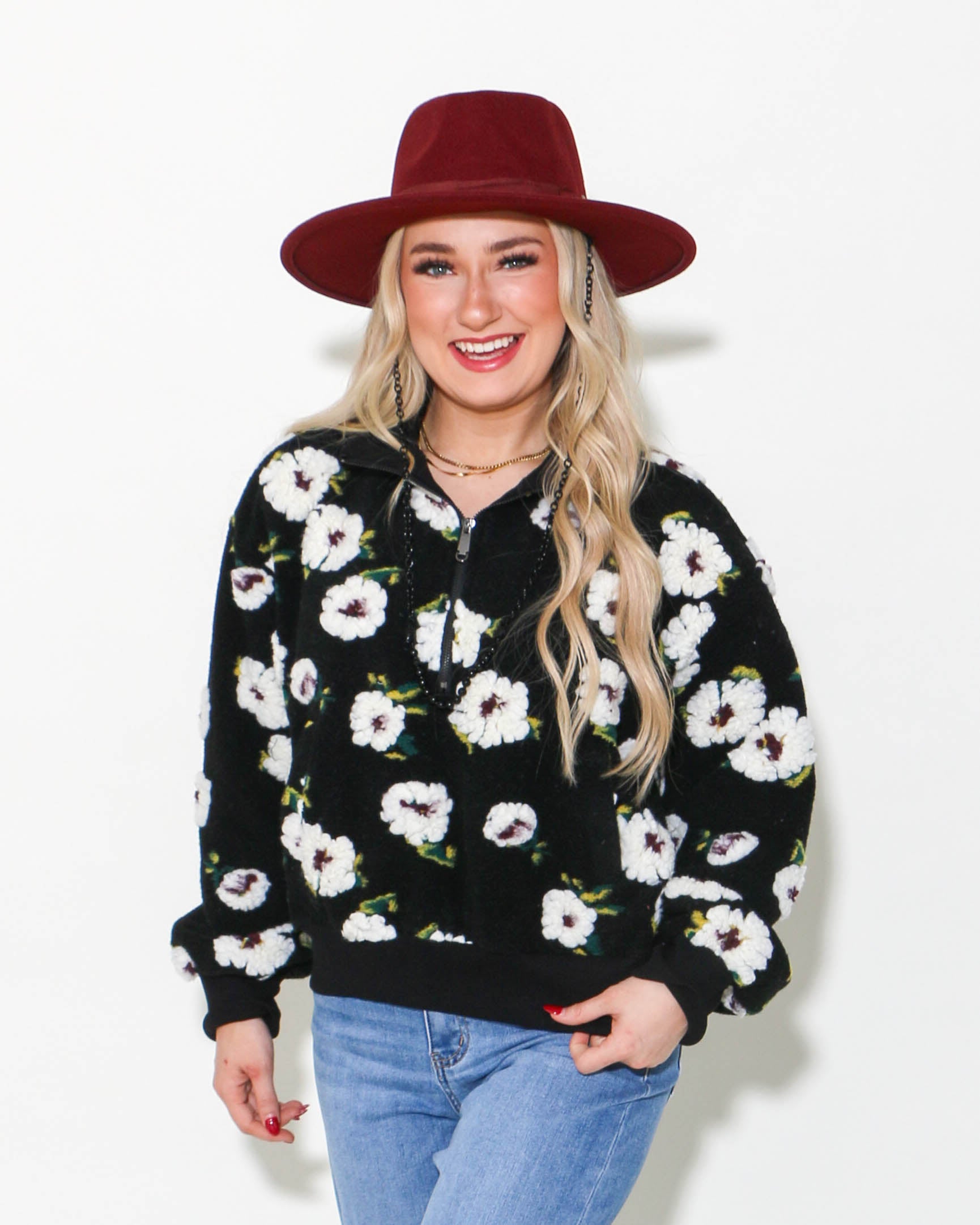 Black Floral Half Zip Sweater