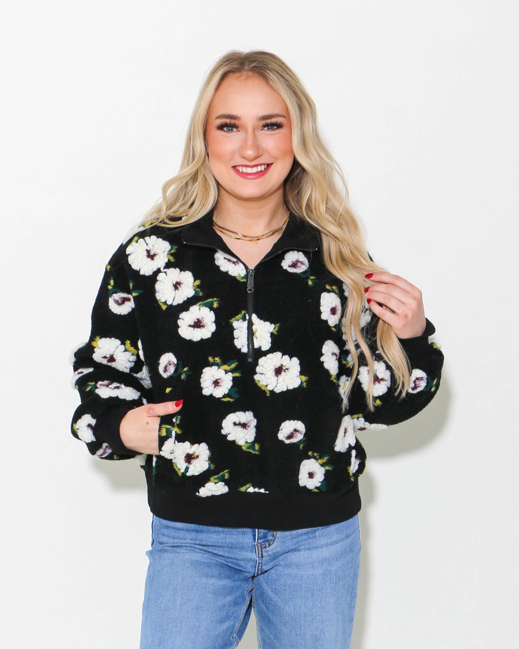 Black Floral Half Zip Sweater