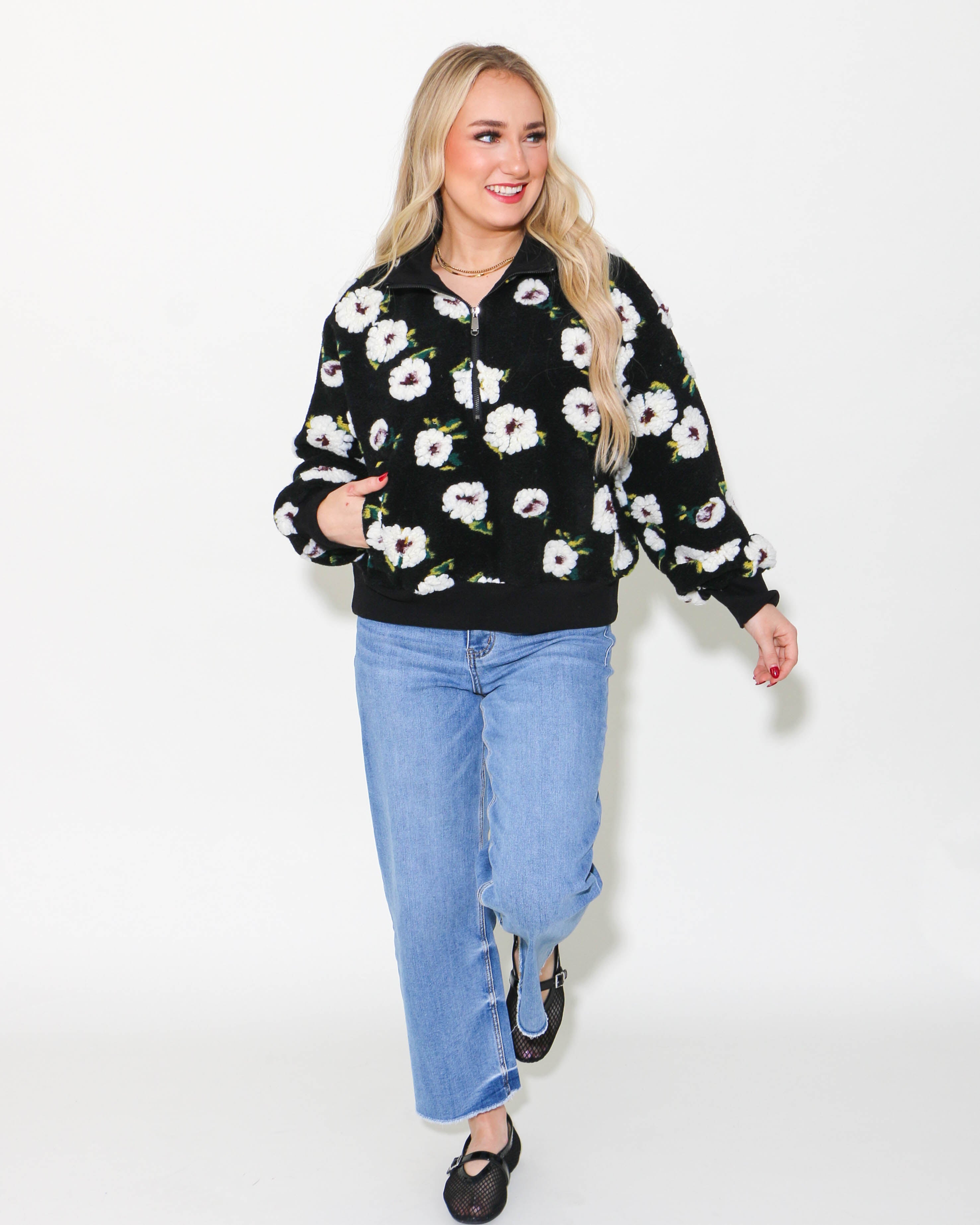 Black Floral Half Zip Sweater