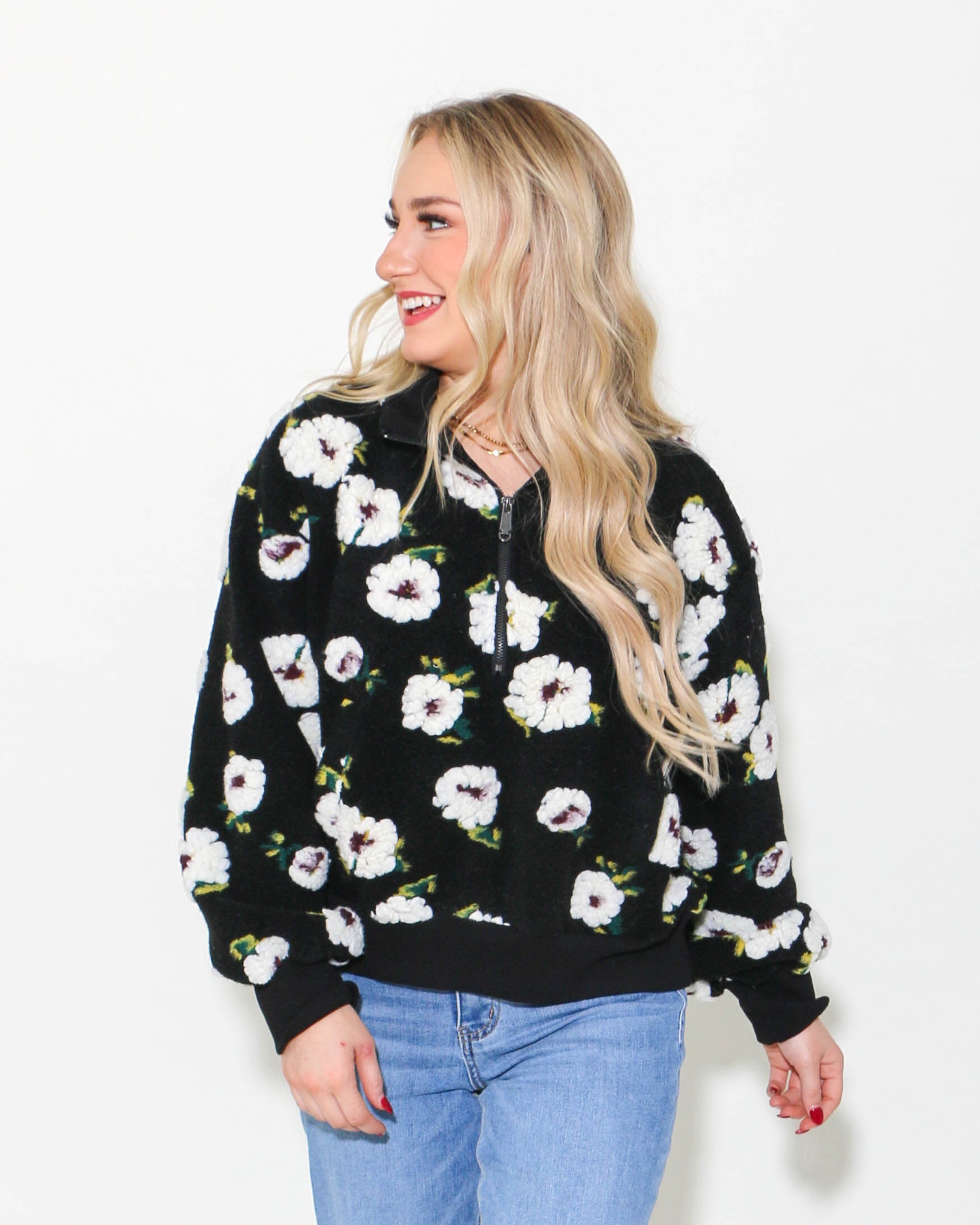 Black Floral Half Zip Sweater