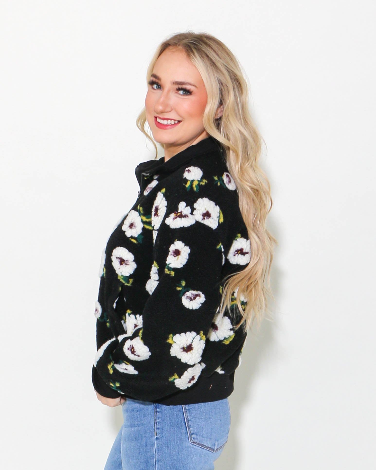 Black Floral Half Zip Sweater