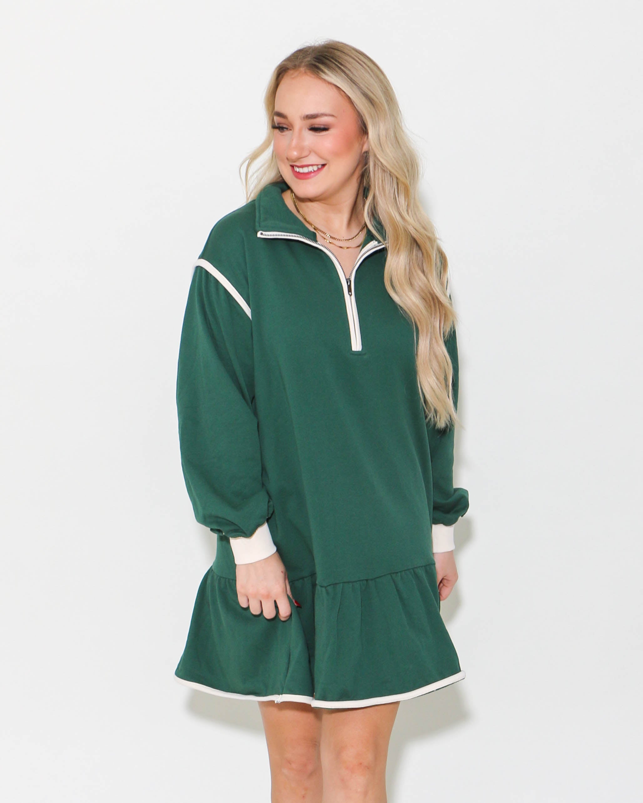 Half Zip Collared Mini Dress in Hunter Green