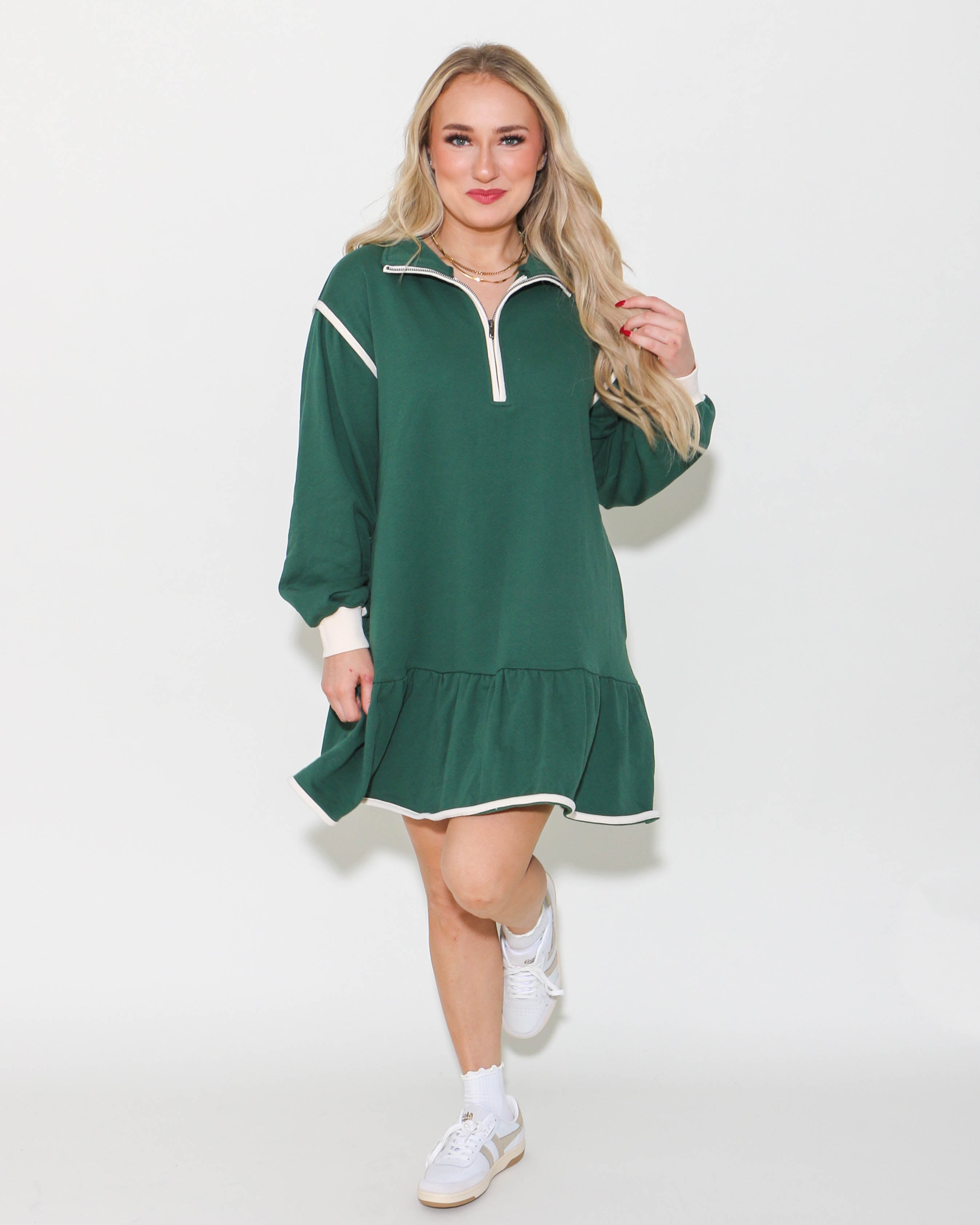 Half Zip Collared Mini Dress in Hunter Green