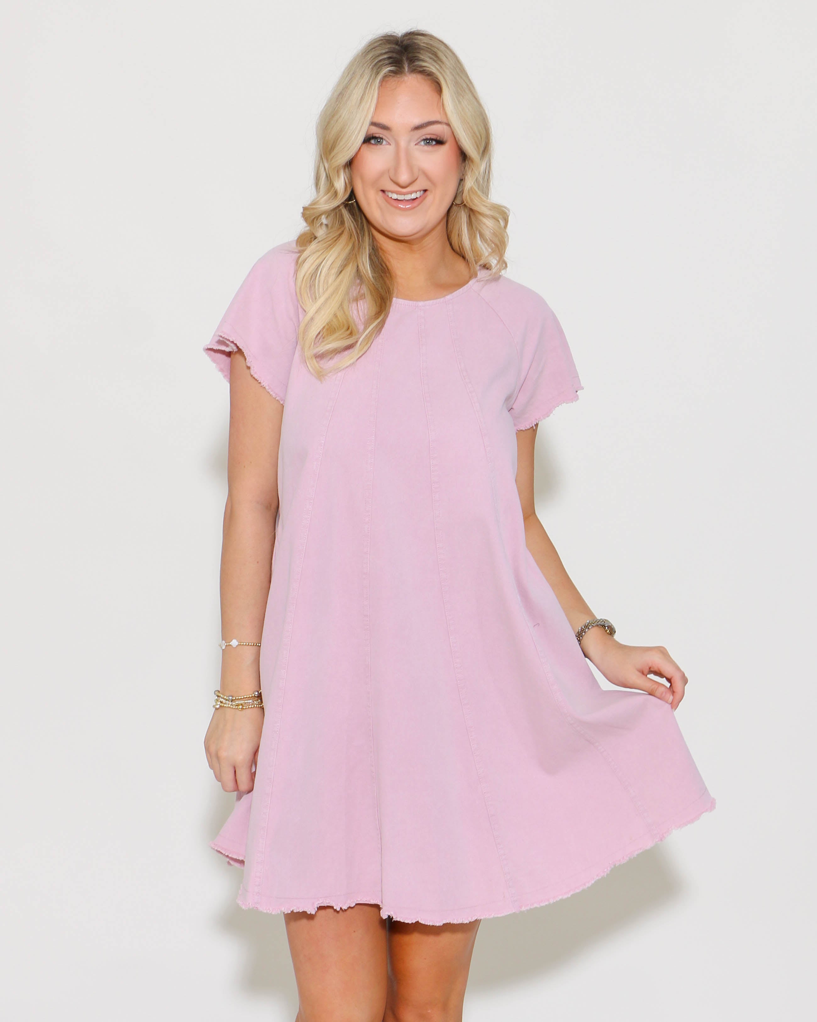 Pink Short Sleeve Woven Wash Dress