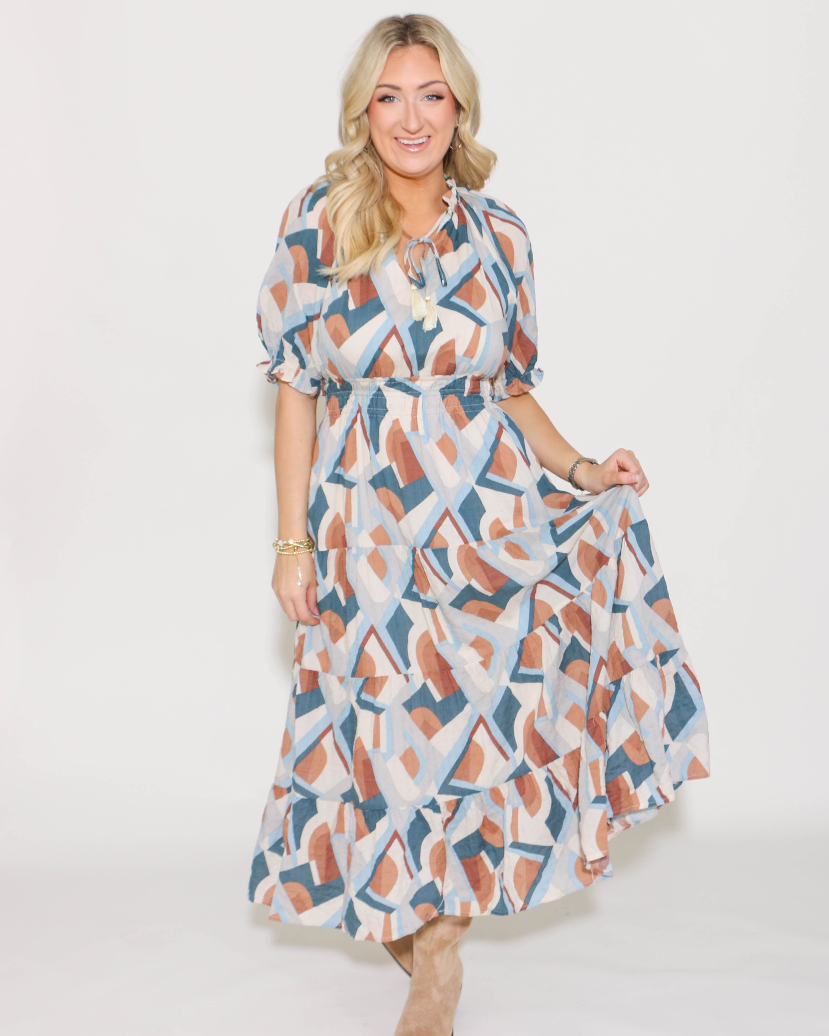 THML | Smocked Waist Print Maxi Dress Brown