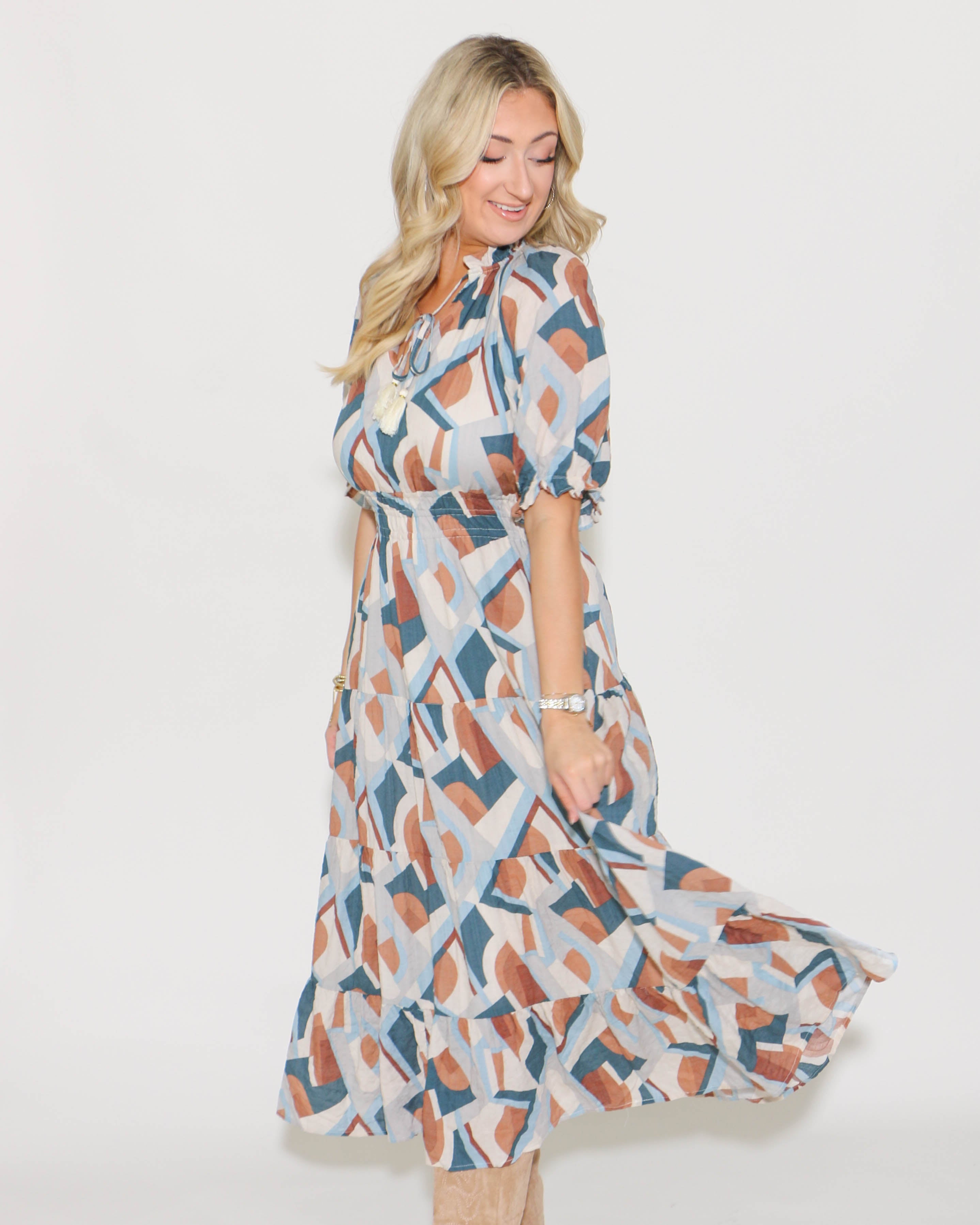 THML | Smocked Waist Print Maxi Dress Brown