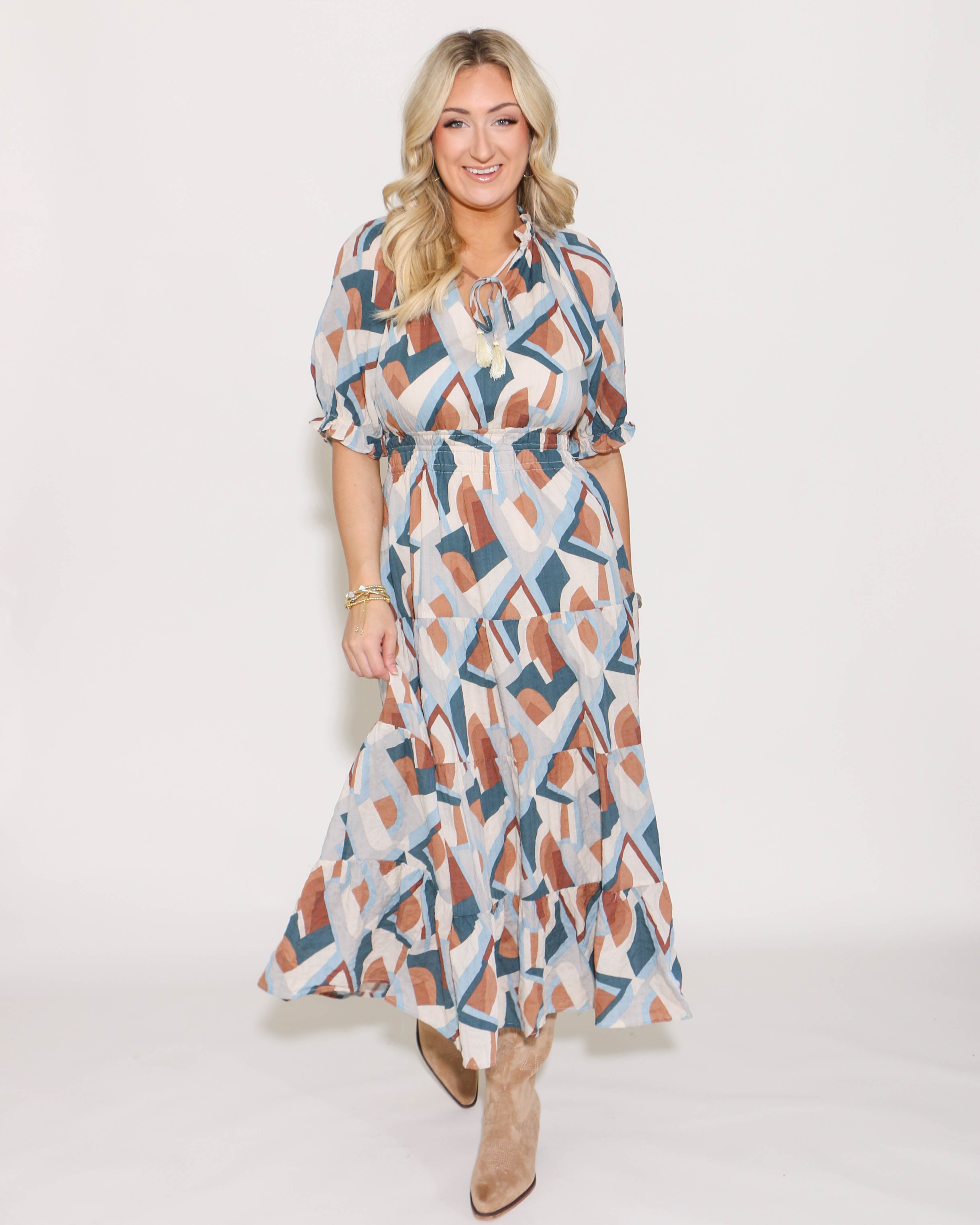 THML | Smocked Waist Print Maxi Dress Brown