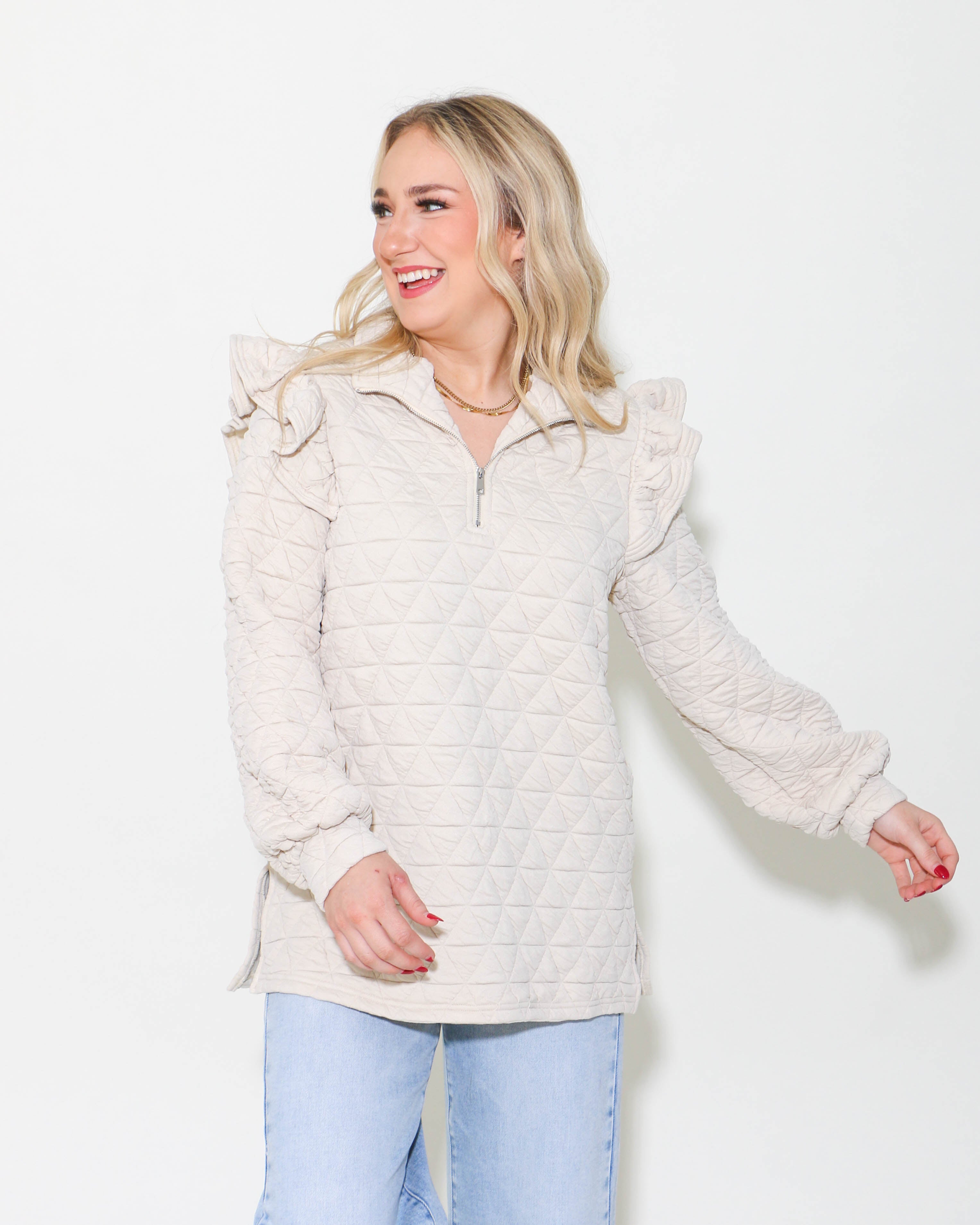 Quilted Half-Zip Pullover Top in Cream