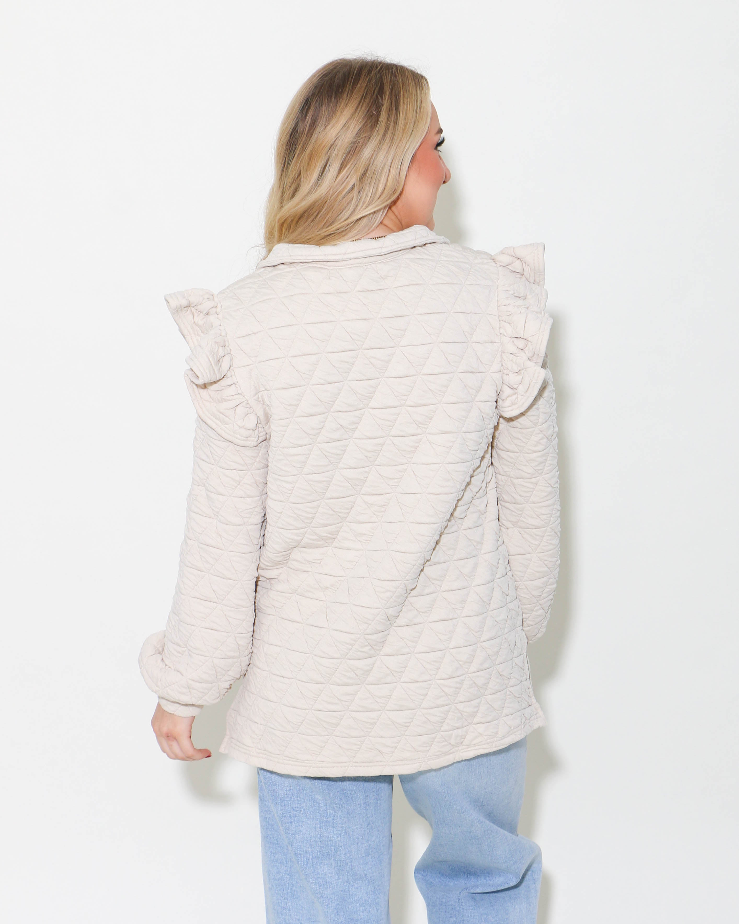 Quilted Half-Zip Pullover Top in Cream