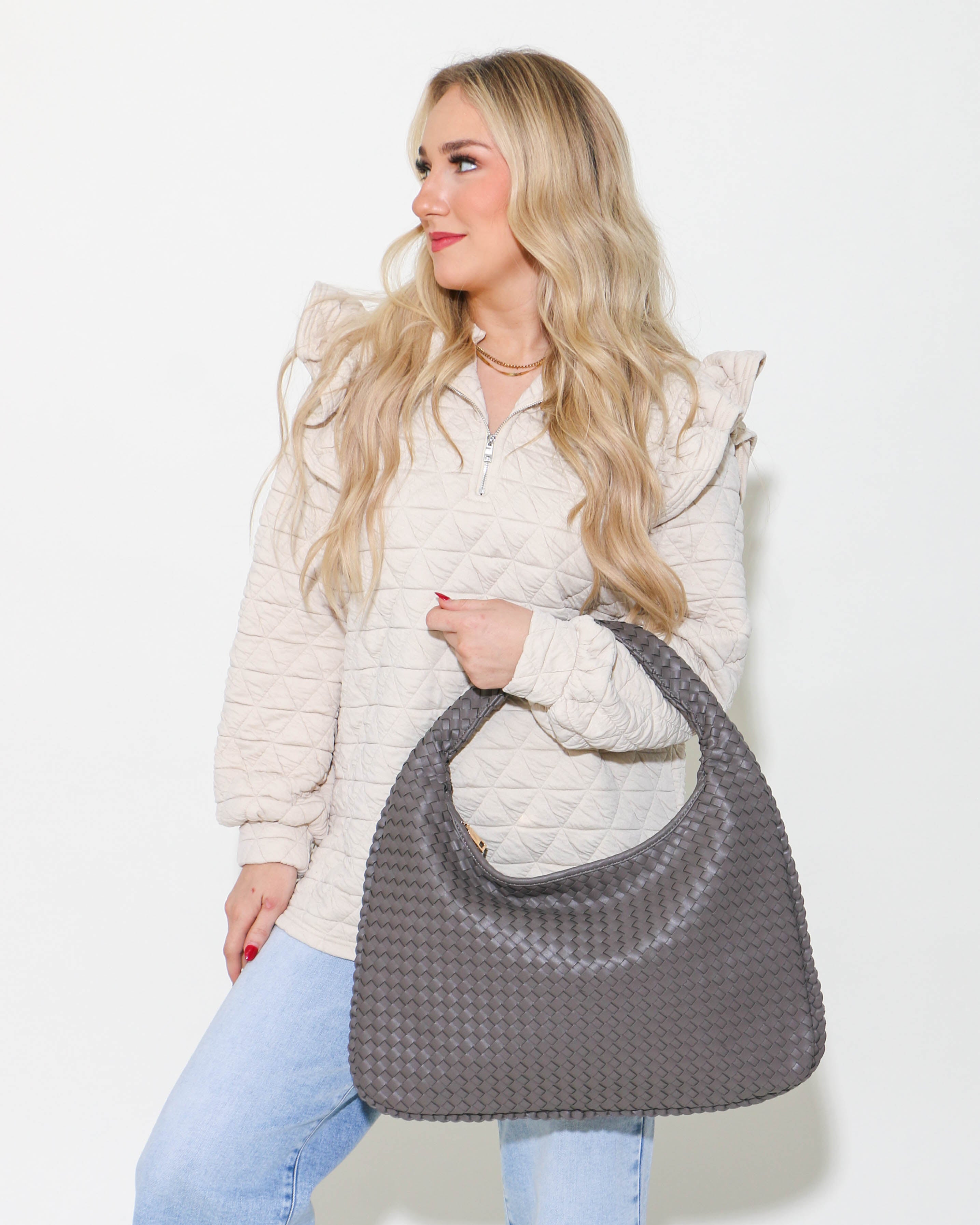 Textured Shoulder Hobo Bag in Stone