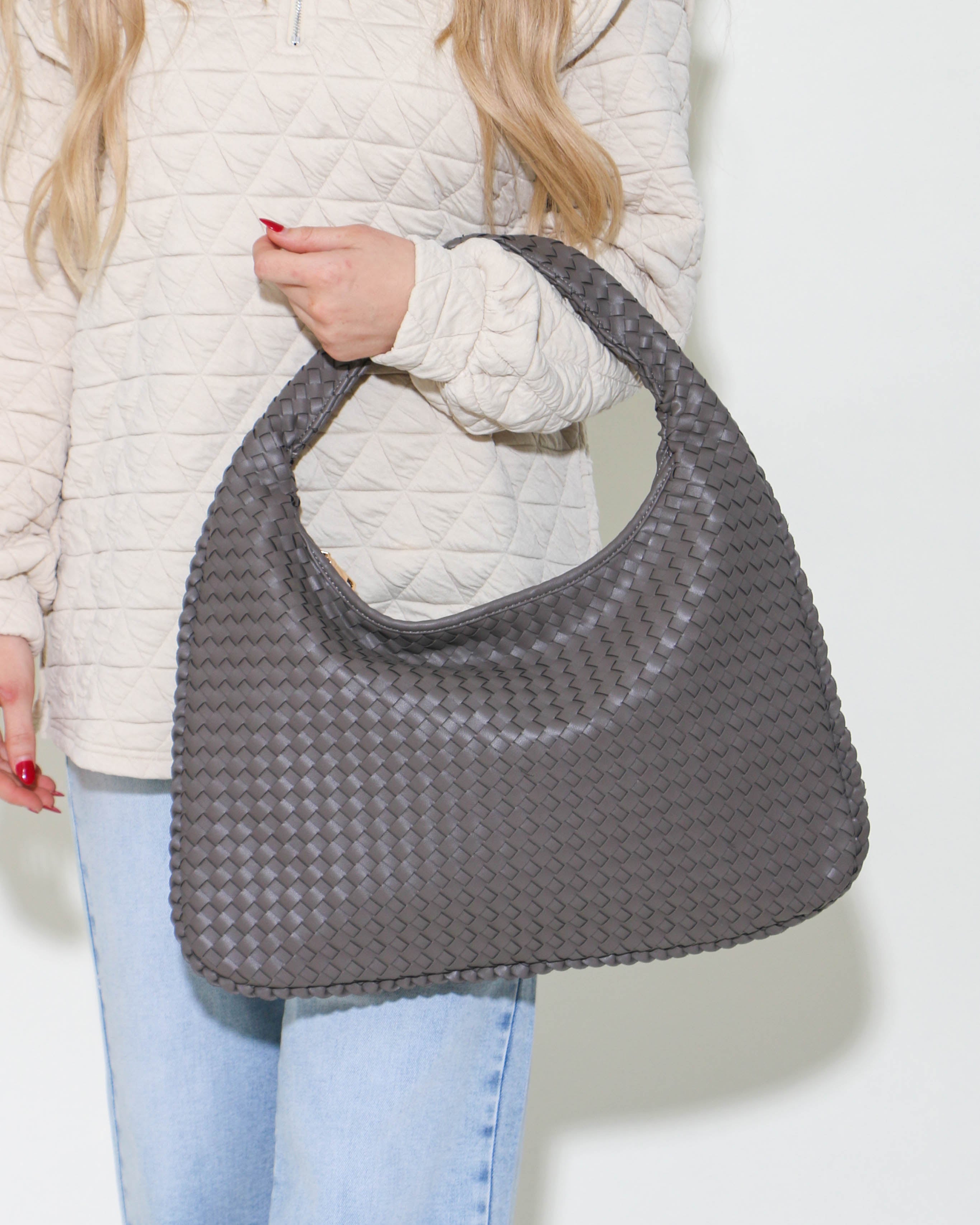 Textured Shoulder Hobo Bag in Stone