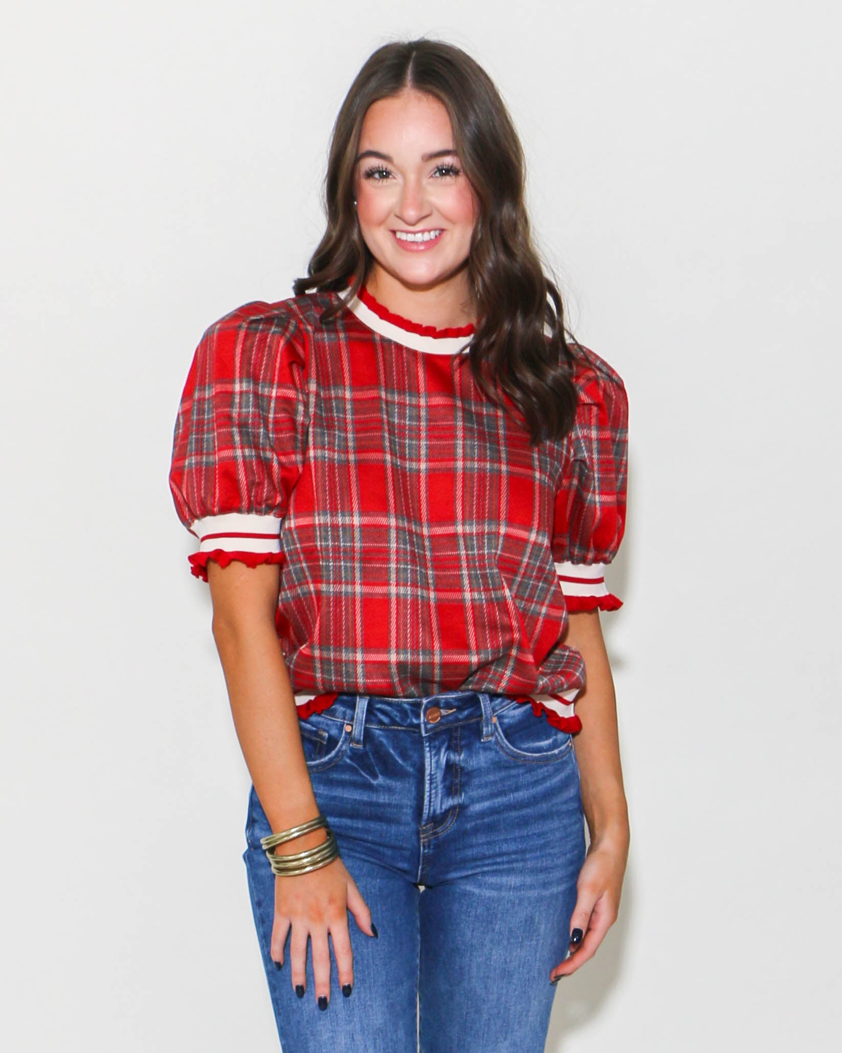 Plaid Short Puff Sleeve Crewneck Top in Red