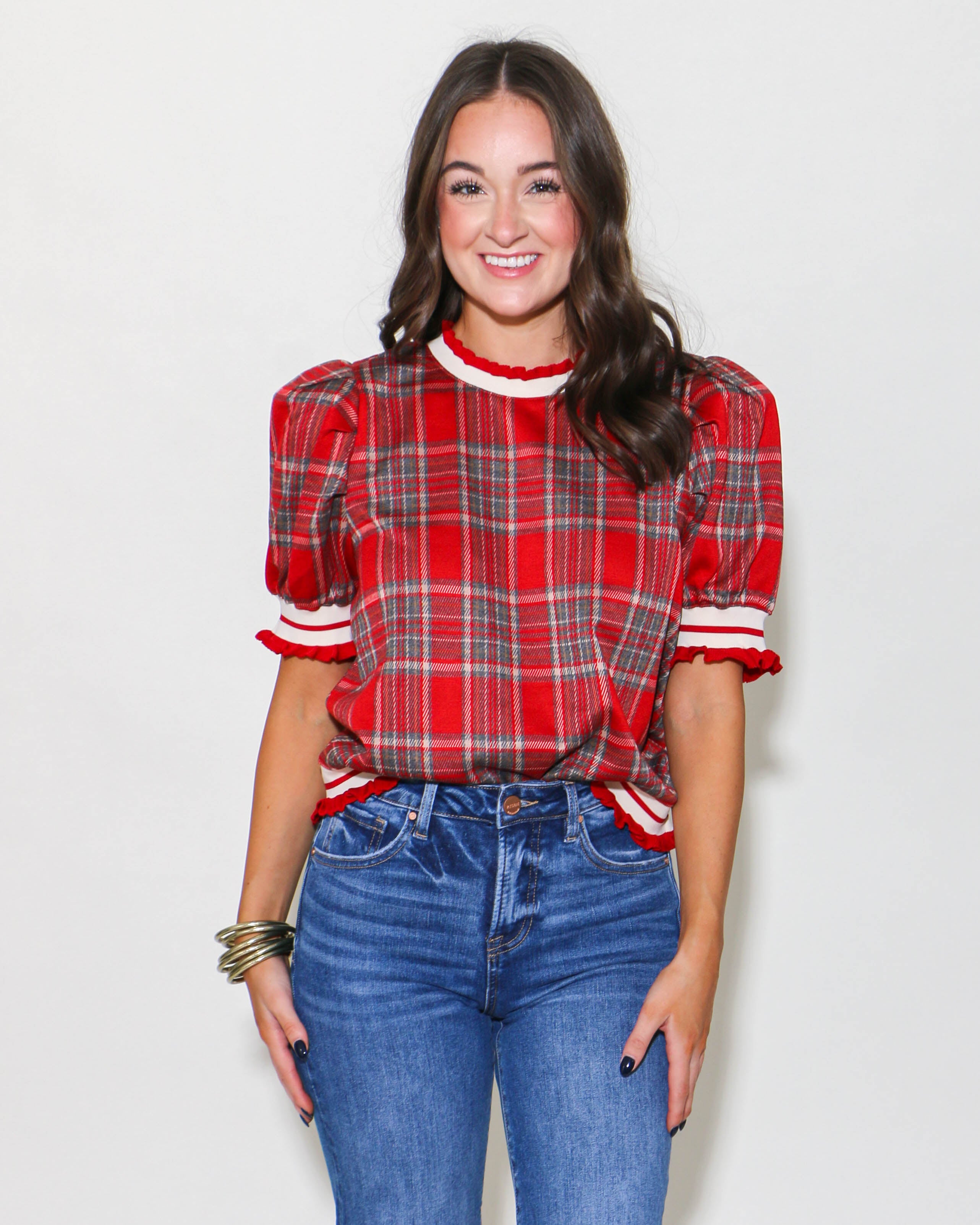 Plaid Short Puff Sleeve Crewneck Top in Red