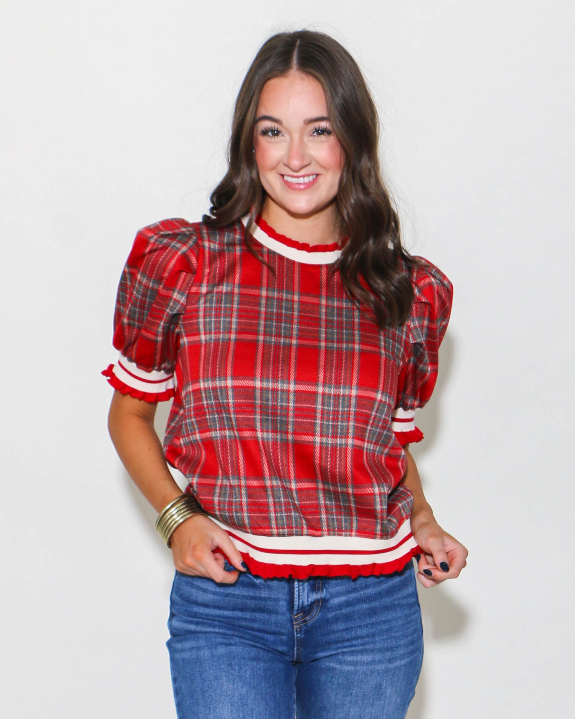 Plaid Short Puff Sleeve Crewneck Top in Red