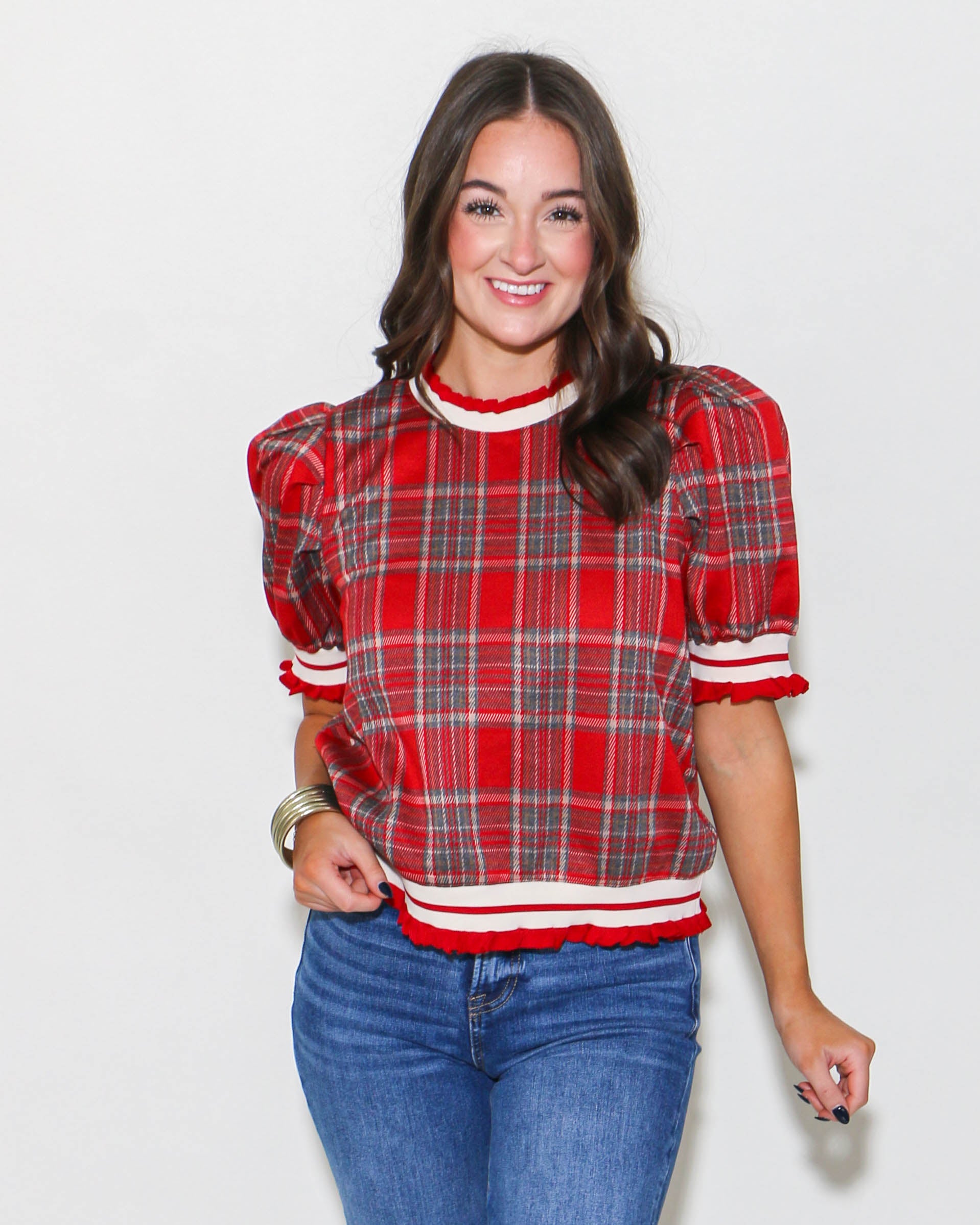 Plaid Short Puff Sleeve Crewneck Top in Red