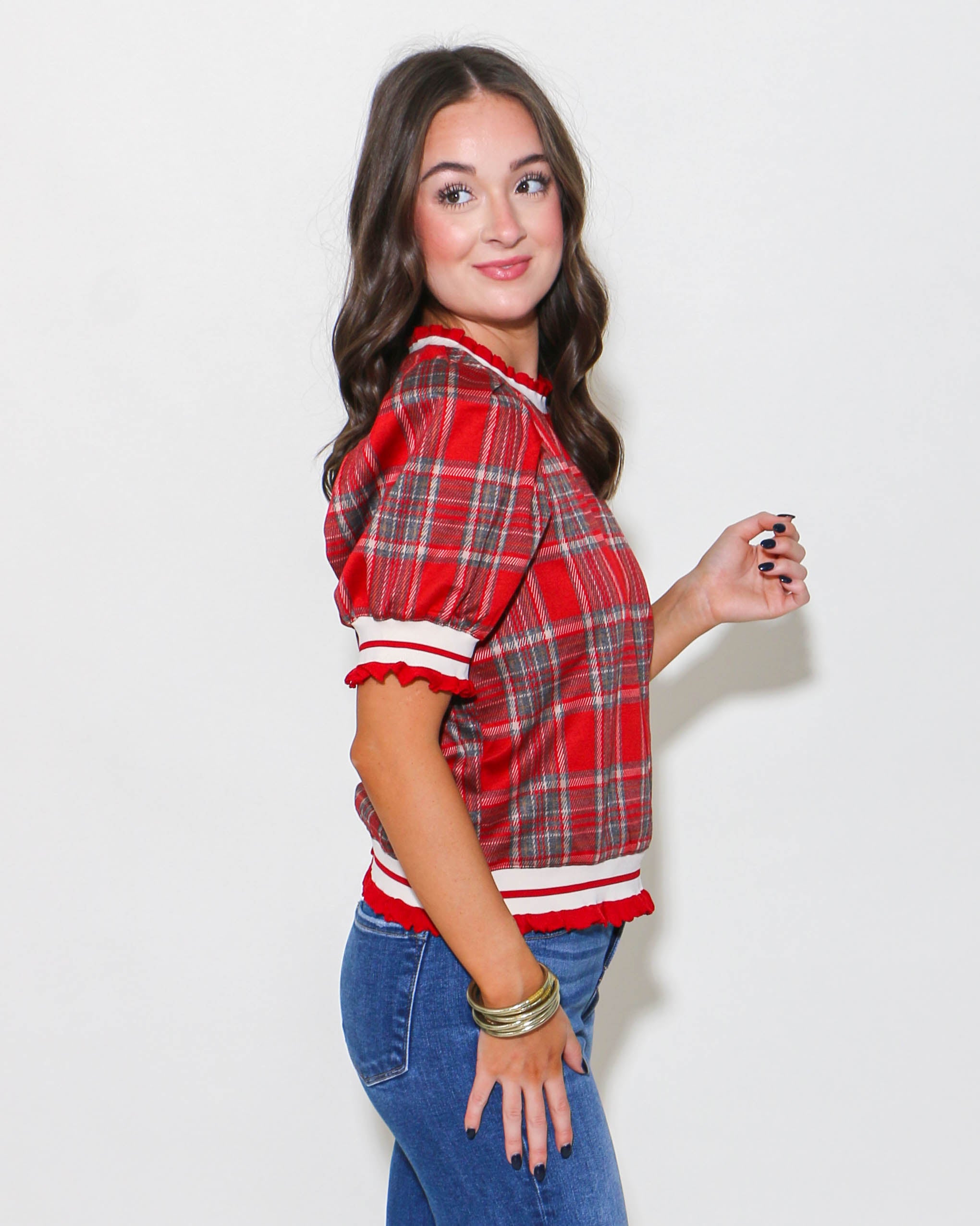 Plaid Short Puff Sleeve Crewneck Top in Red