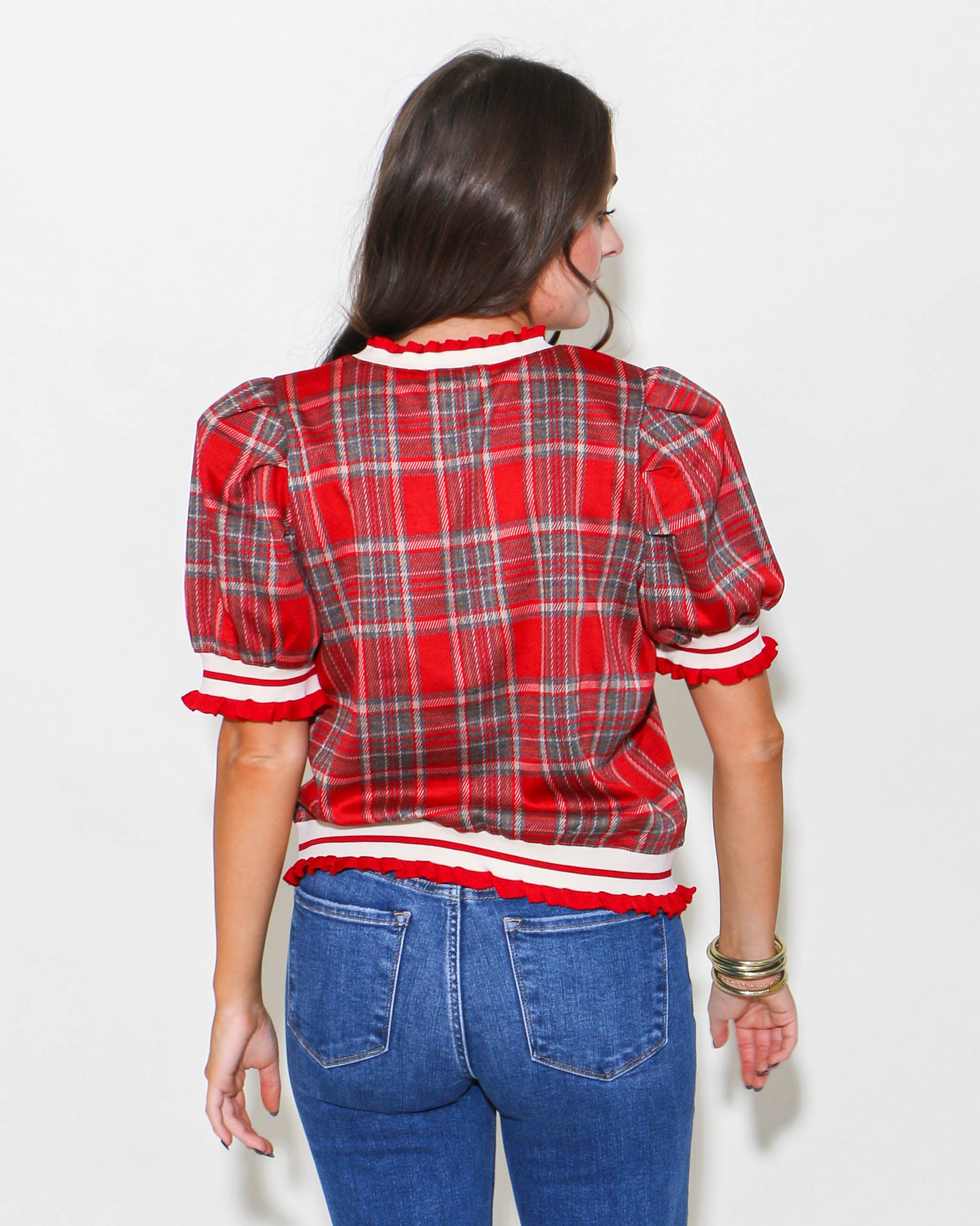 Plaid Short Puff Sleeve Crewneck Top in Red