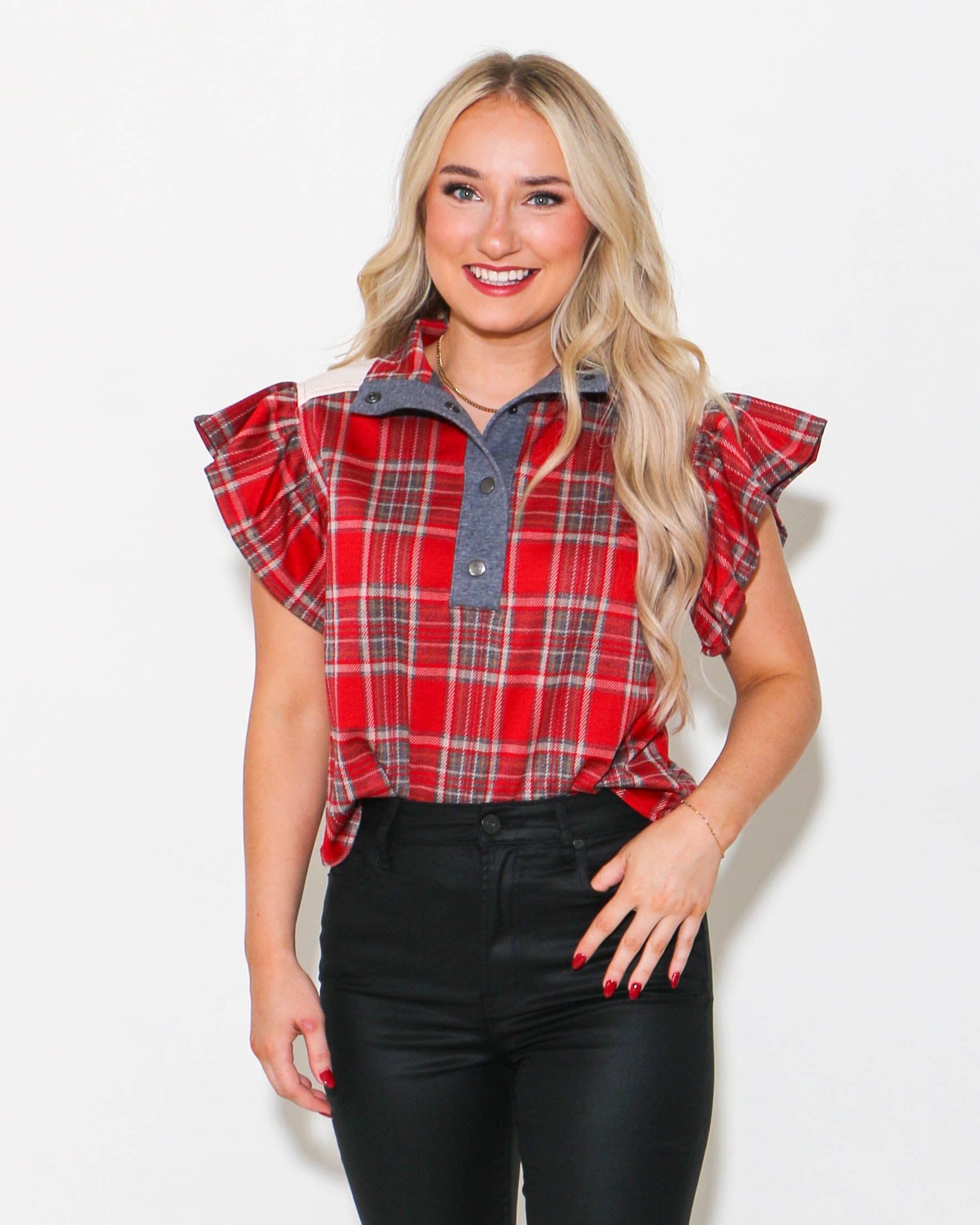 Plaid Flutter Sleeve Snap Button Top in Red