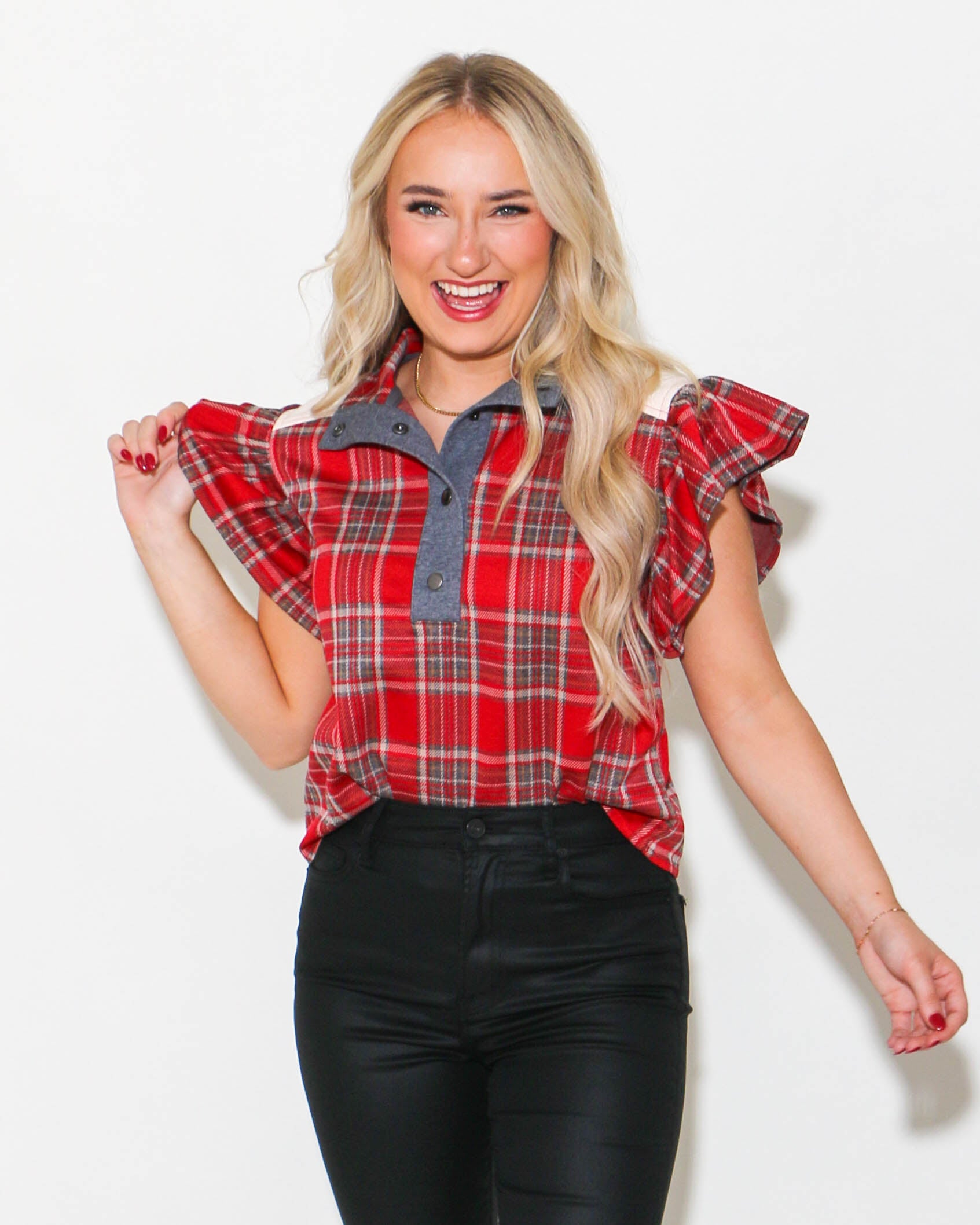 Plaid Flutter Sleeve Snap Button Top in Red