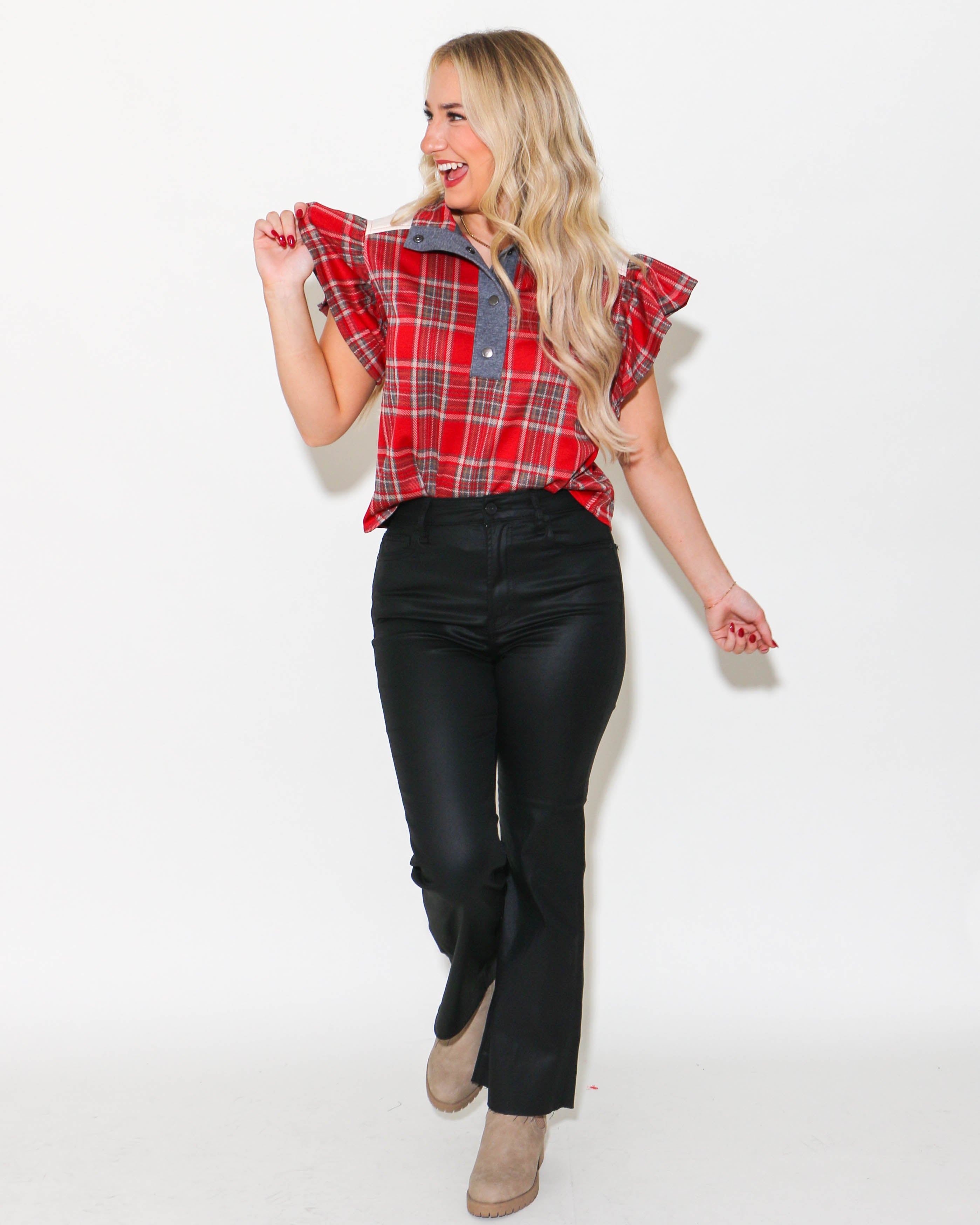 Plaid Flutter Sleeve Snap Button Top in Red