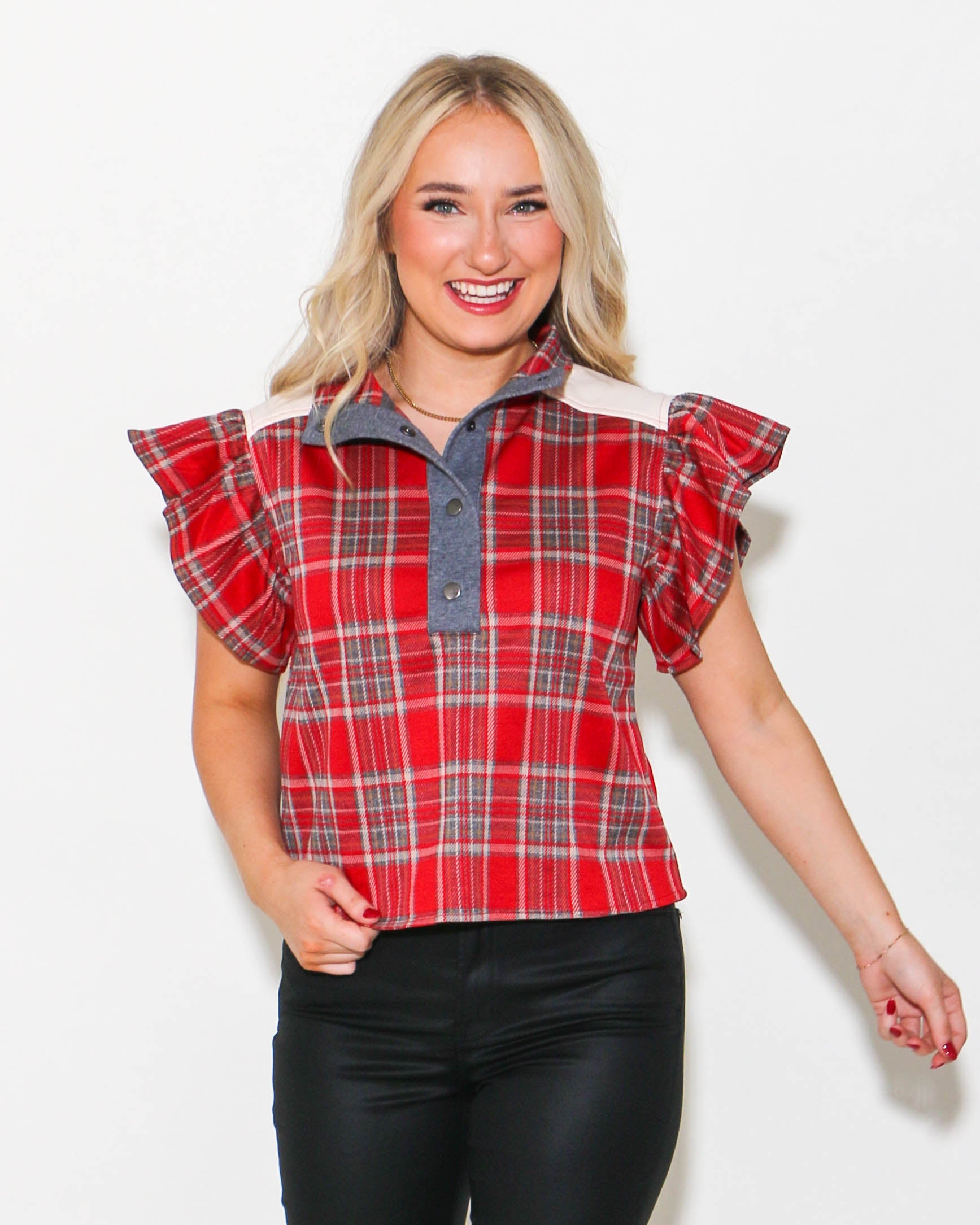 Plaid Flutter Sleeve Snap Button Top in Red