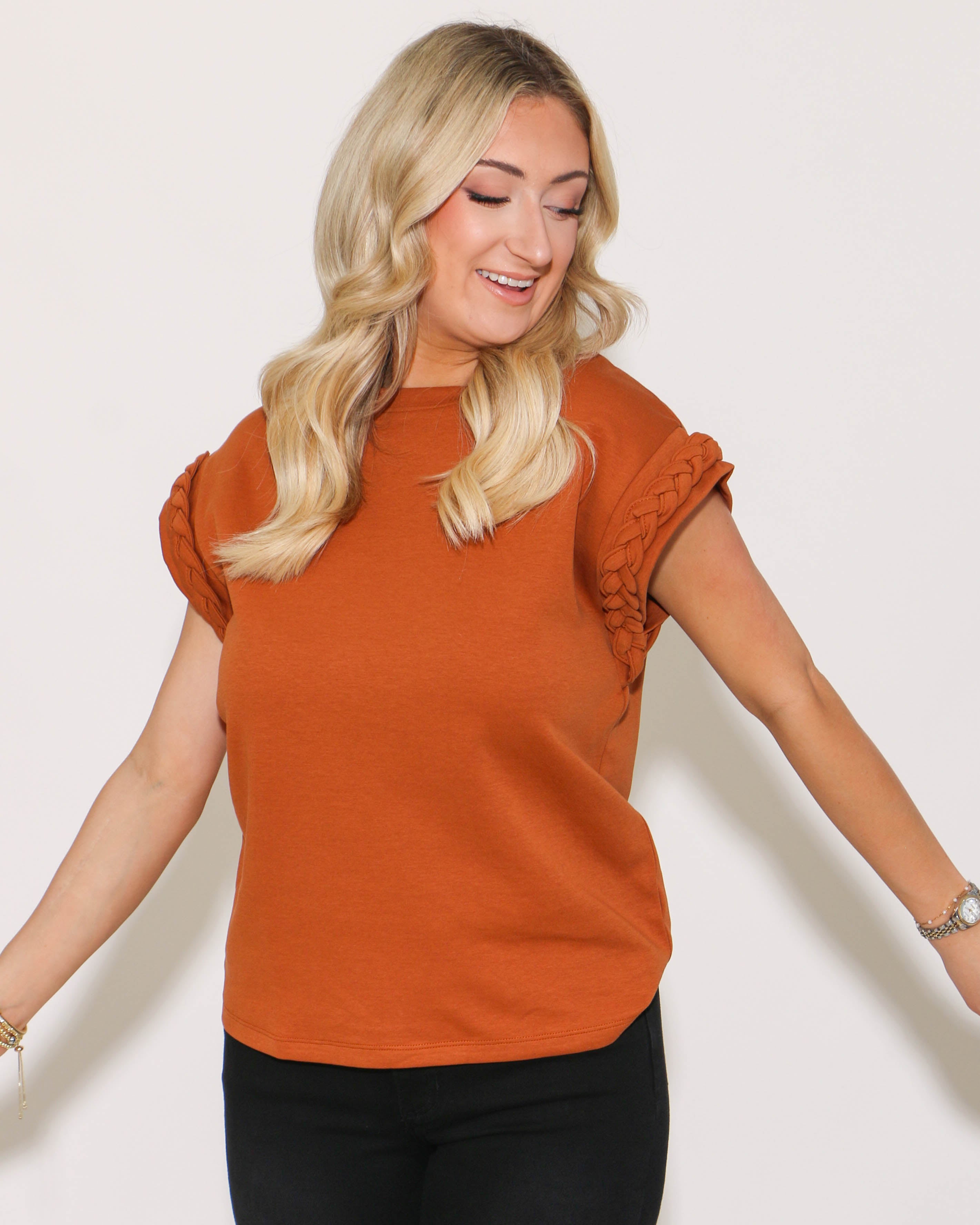 Solid Cap Sleeve Top with Braided Detail