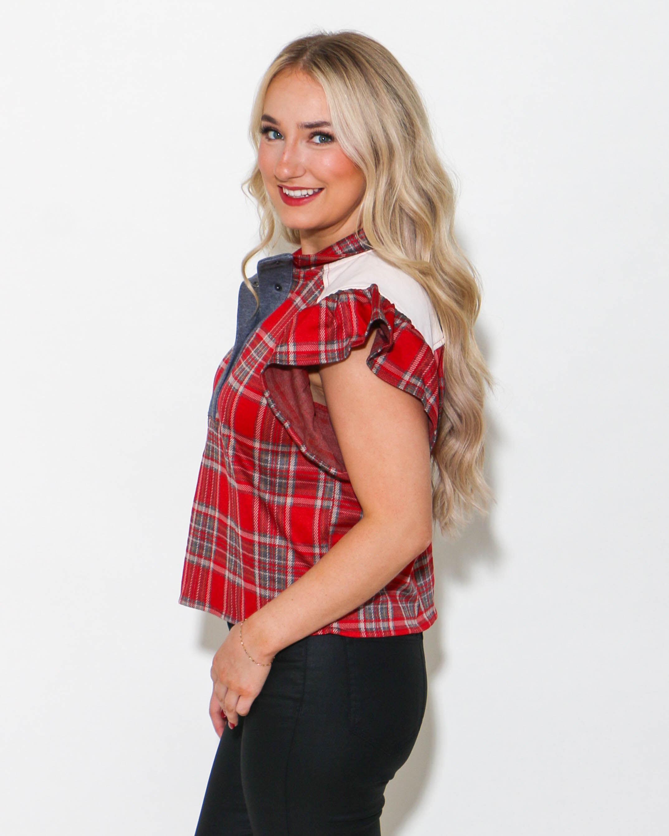 Plaid Flutter Sleeve Snap Button Top in Red