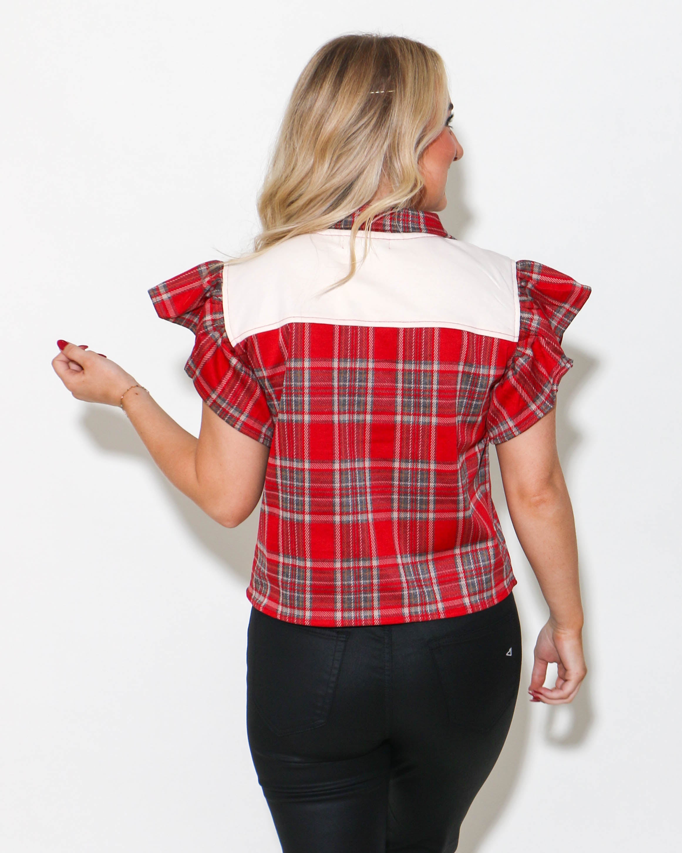 Plaid Flutter Sleeve Snap Button Top in Red