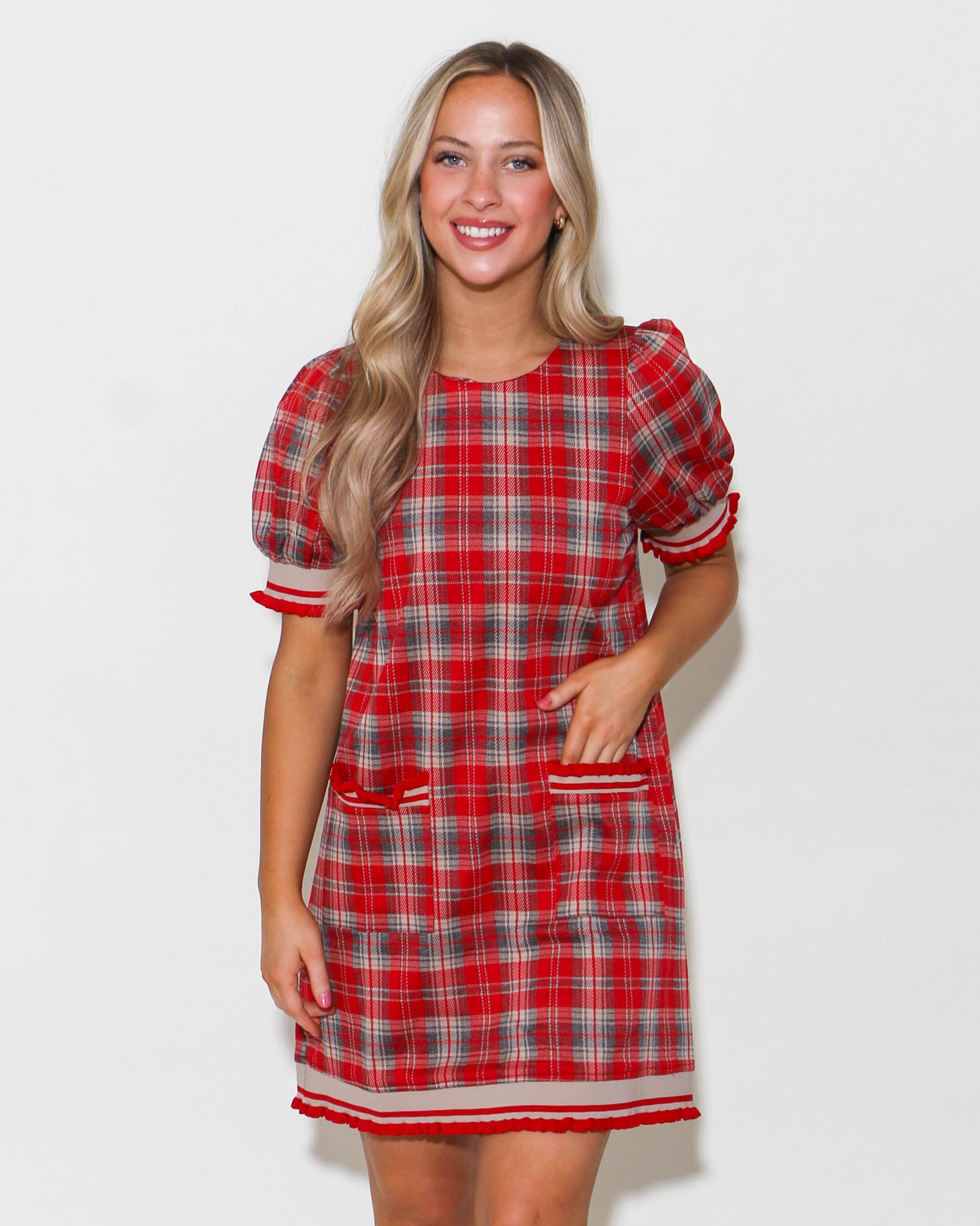 Red Plaid Short Sleeve Mini Dress