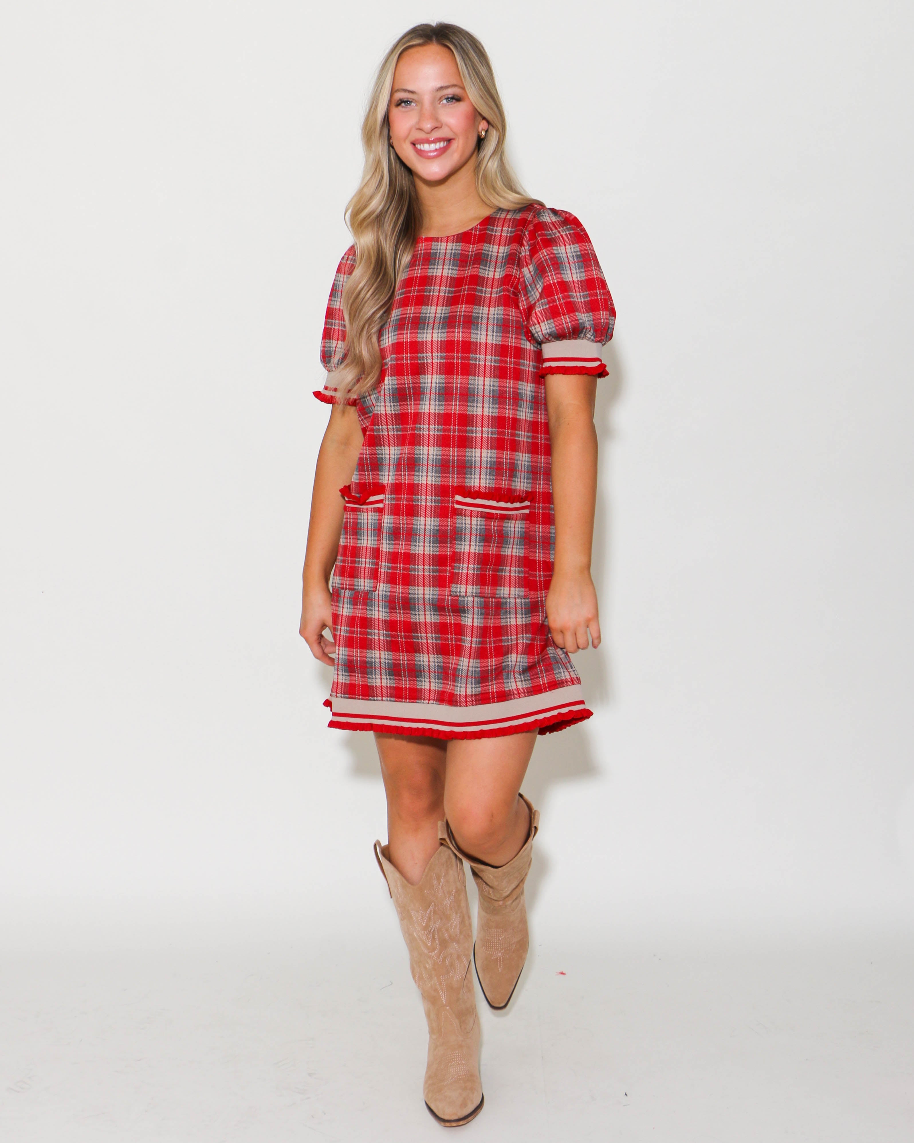 Red Plaid Short Sleeve Mini Dress