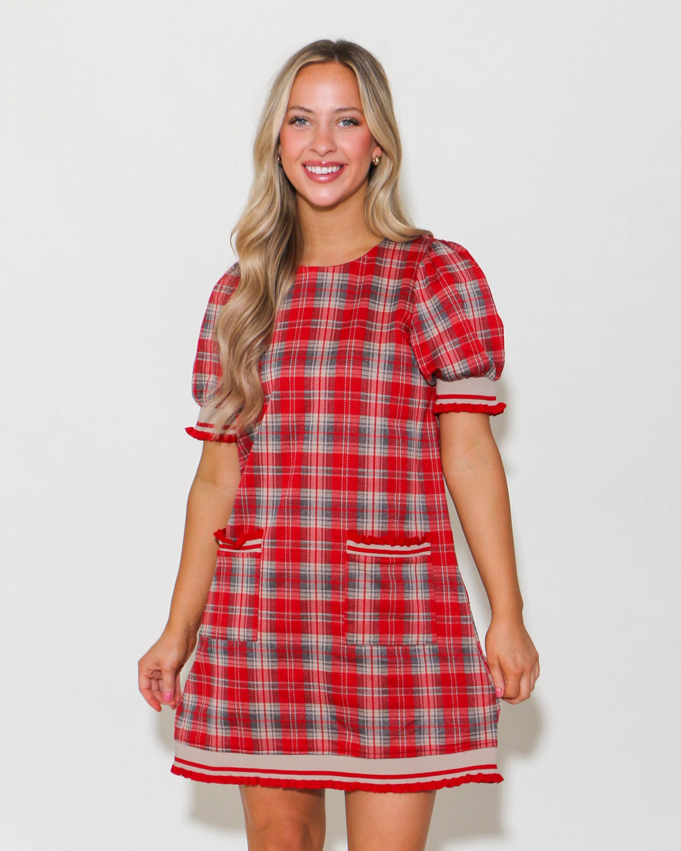 Red Plaid Short Sleeve Mini Dress