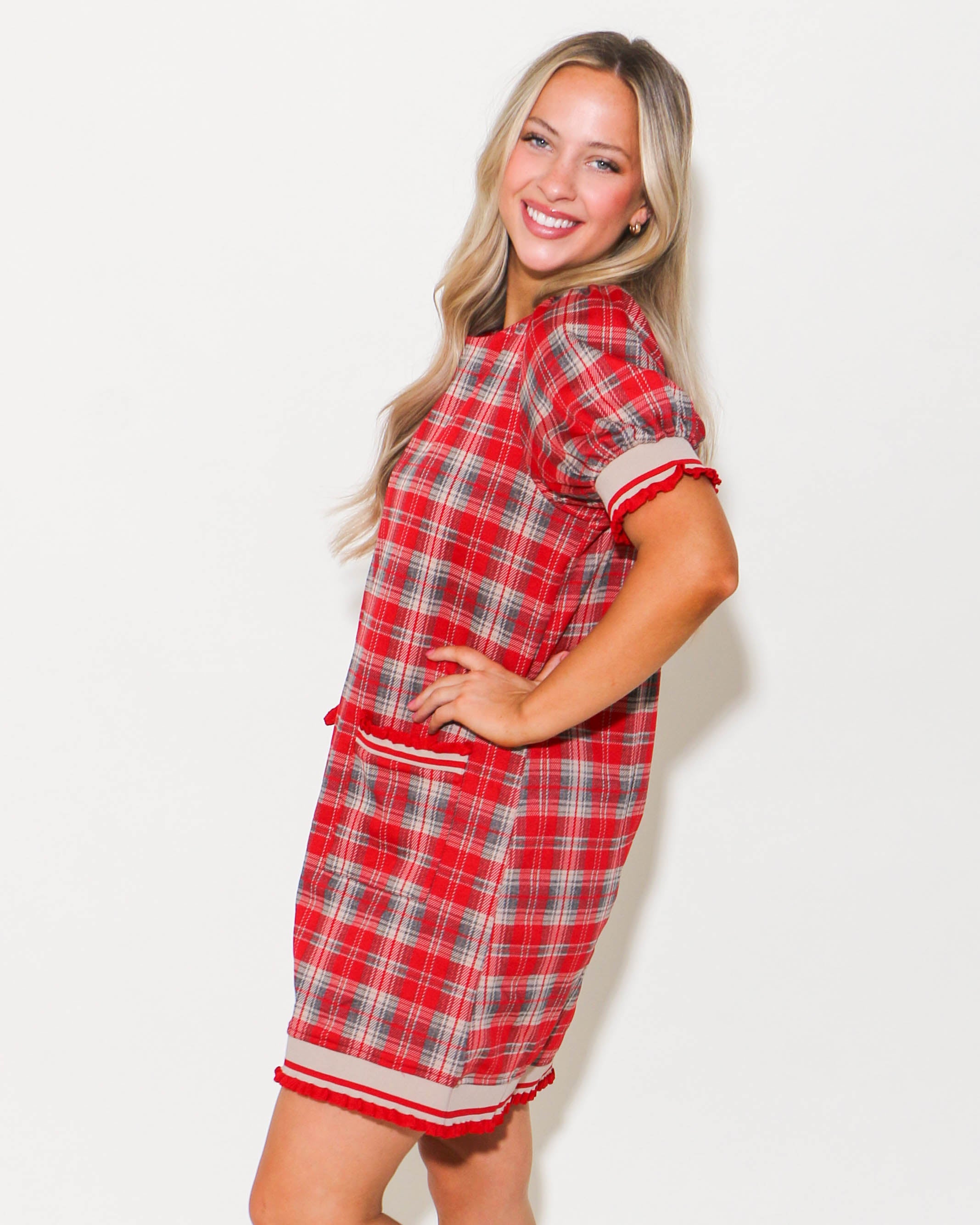 Red Plaid Short Sleeve Mini Dress