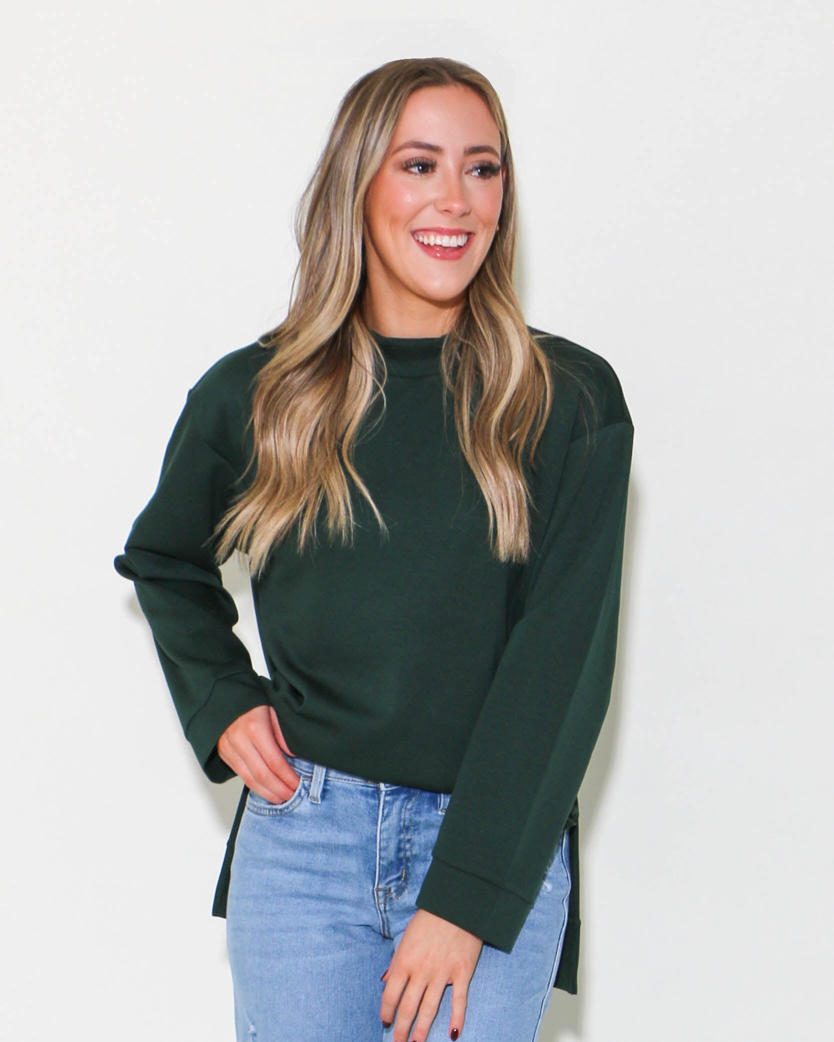 Mock Neck Sweatshirt Top in Hunter Green