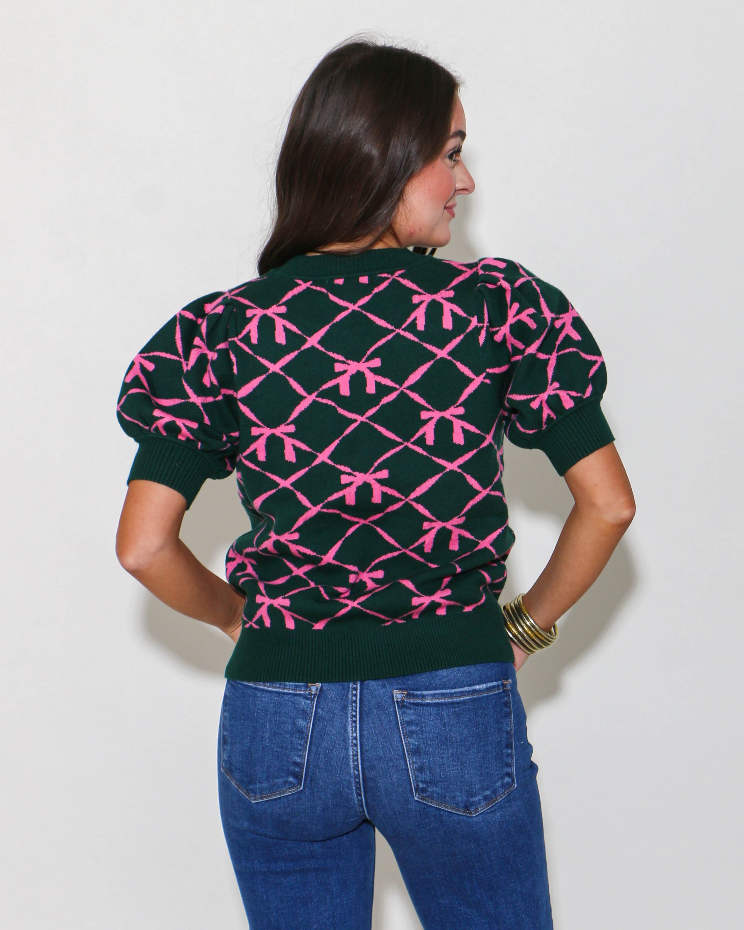 Green and Pink Bow Short Sleeve Sweater