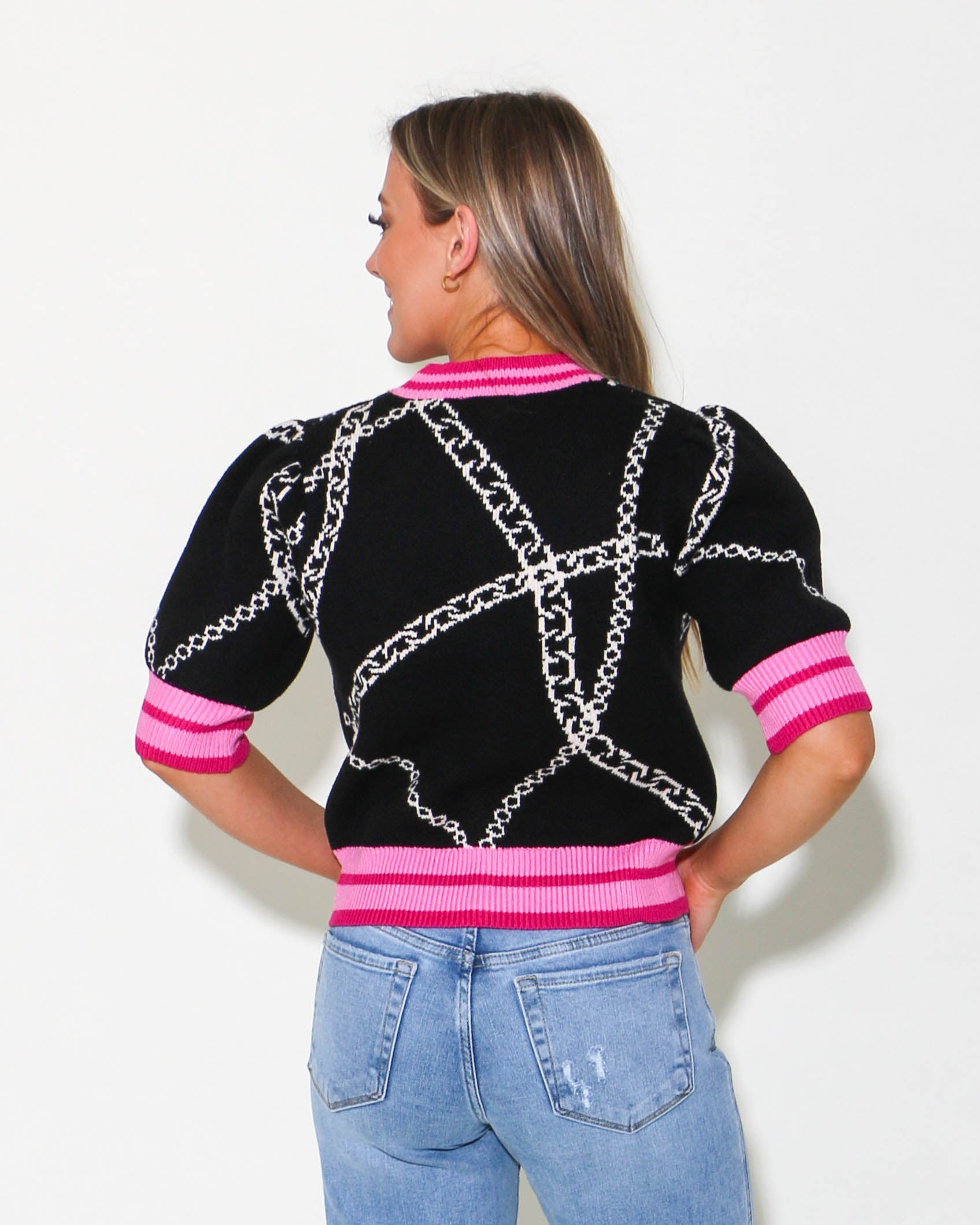 THML Short Sleeve Black and Pink Knit Top