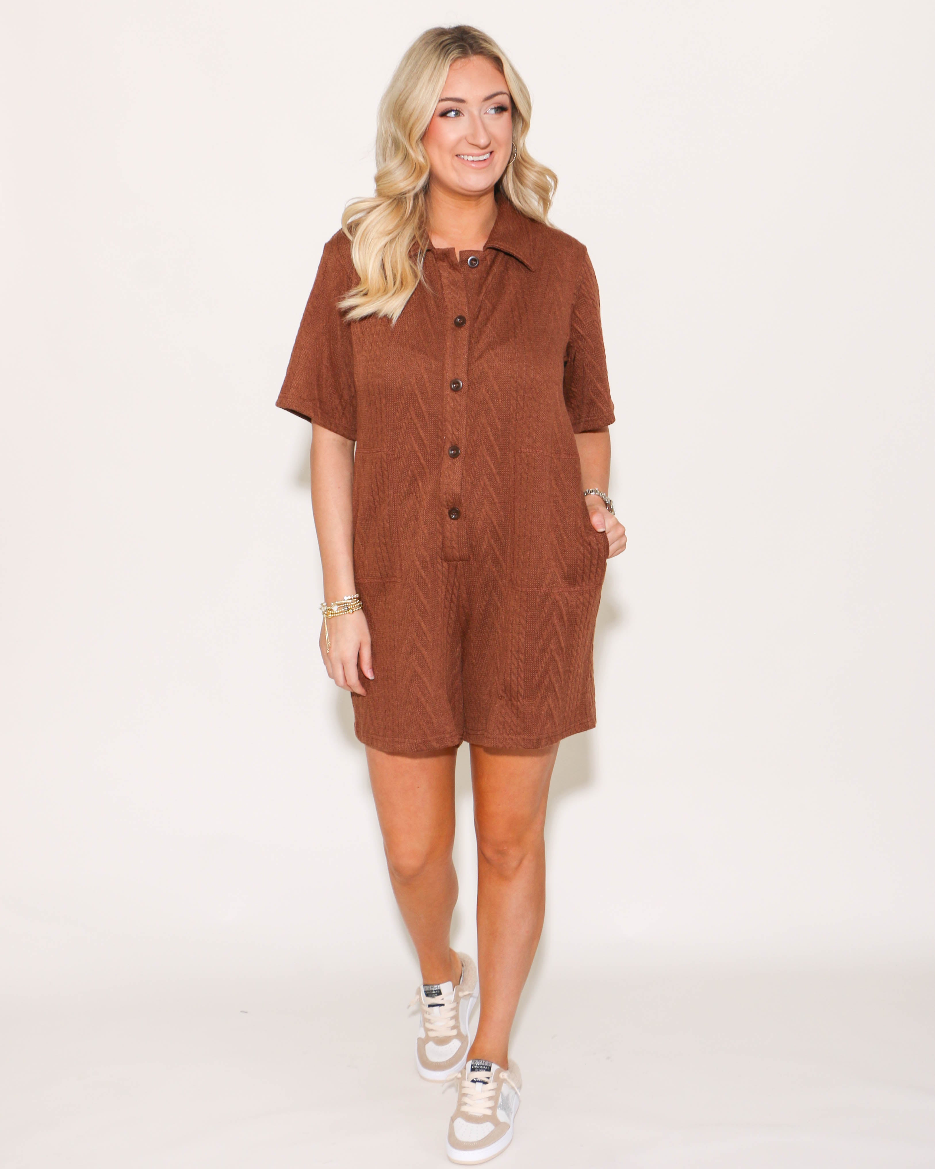 Short Sleeve Button Down Romper in Brown