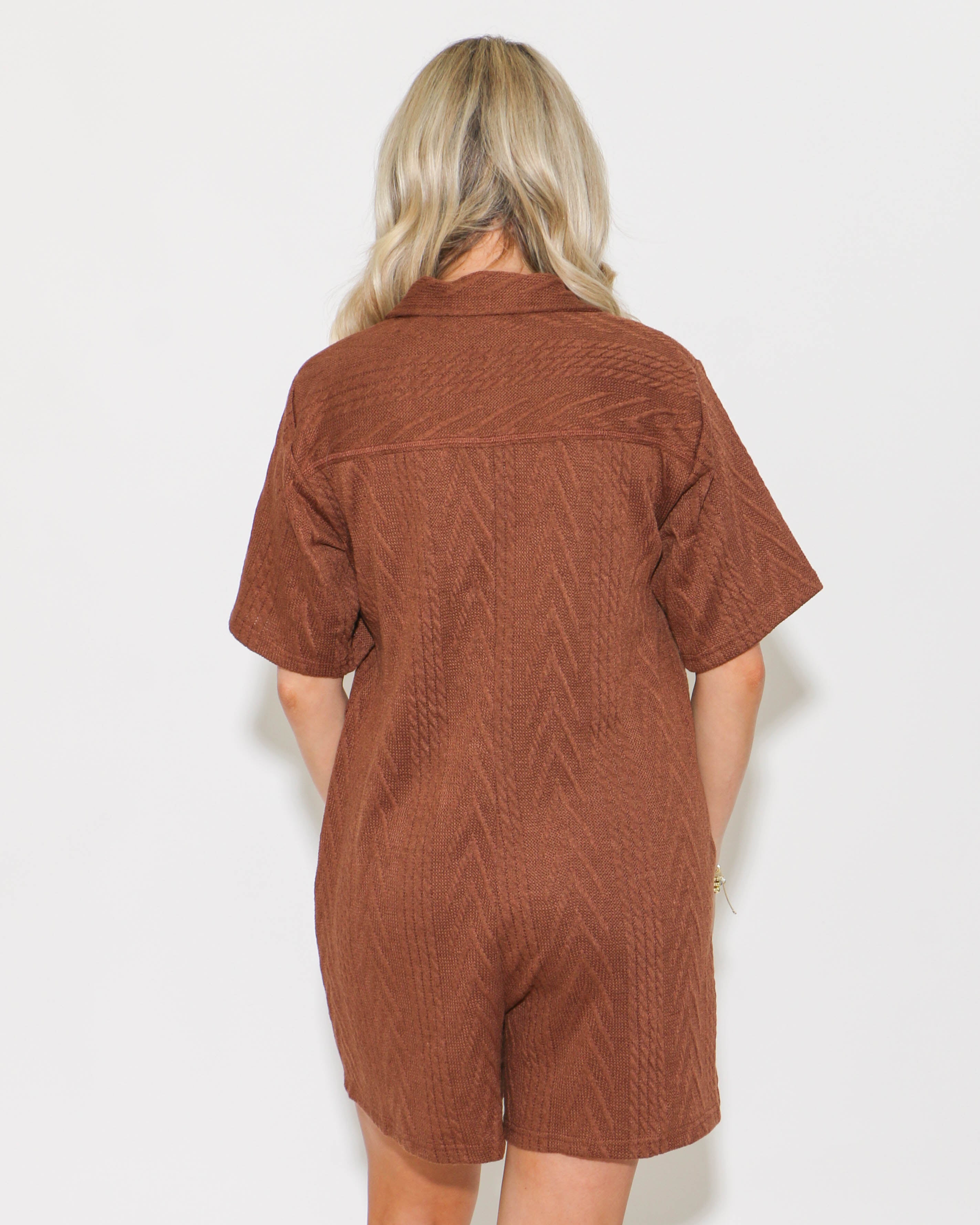 Short Sleeve Button Down Romper in Brown