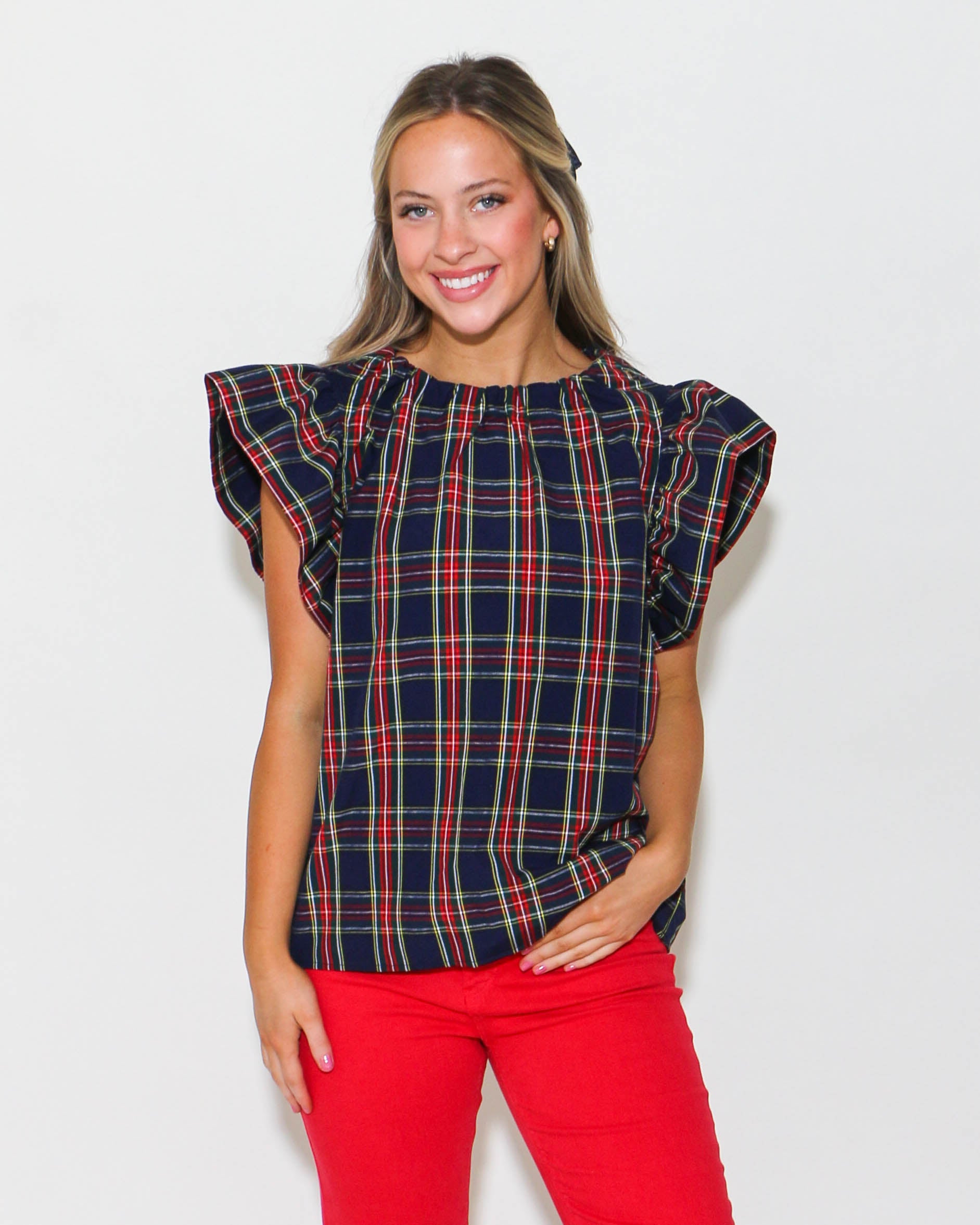 Navy Plaid Print Ruffled Sleeve Top