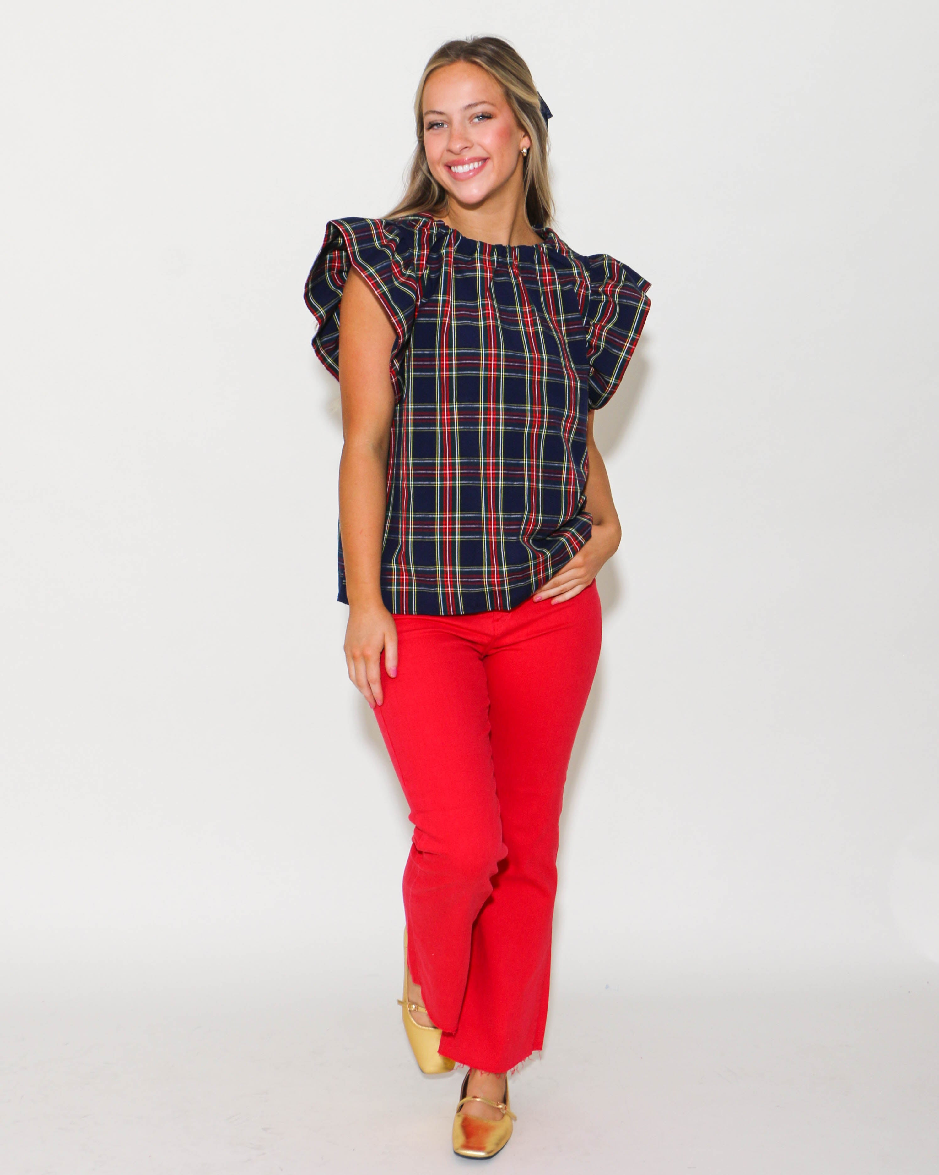 Navy Plaid Print Ruffled Sleeve Top