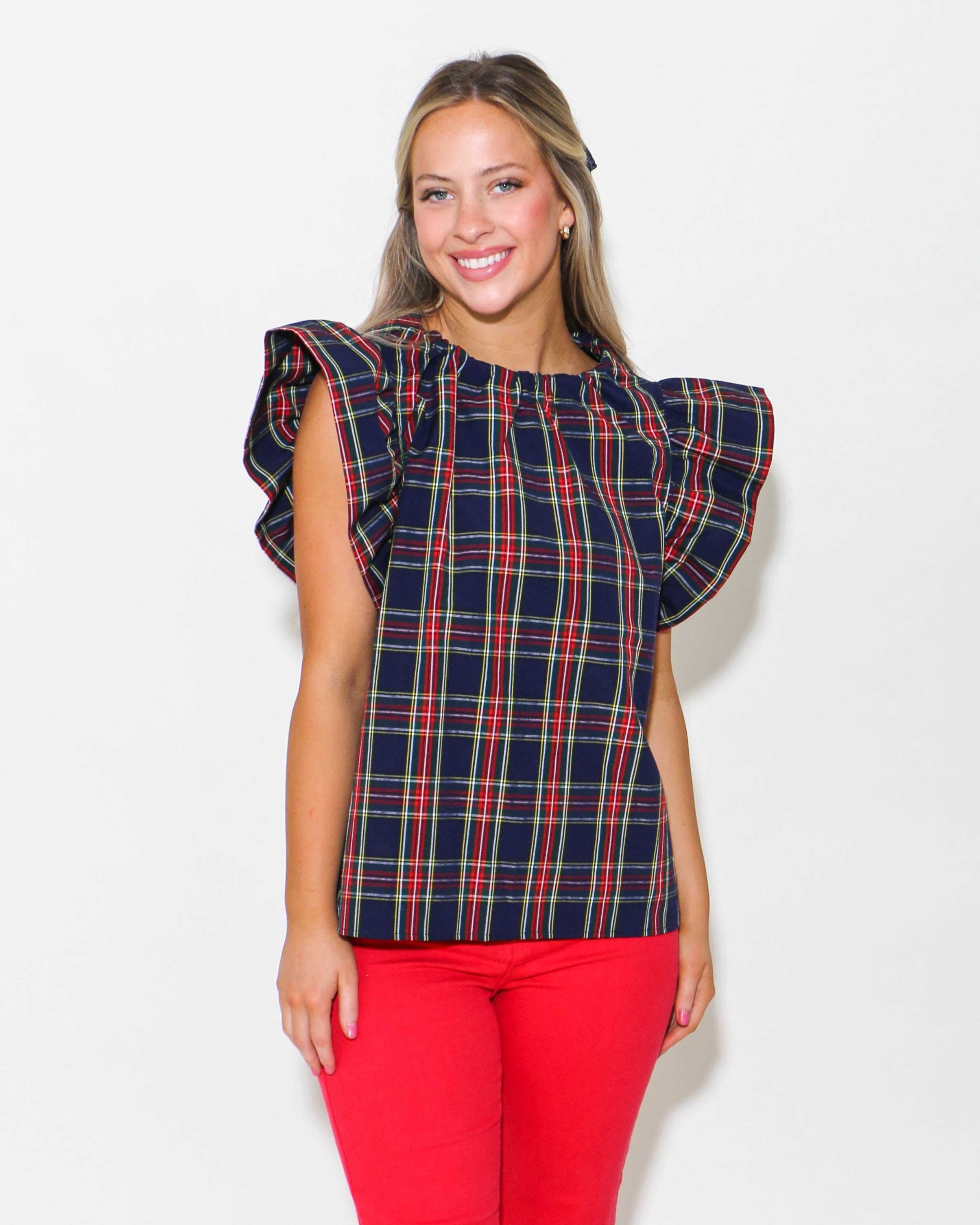 Navy Plaid Print Ruffled Sleeve Top