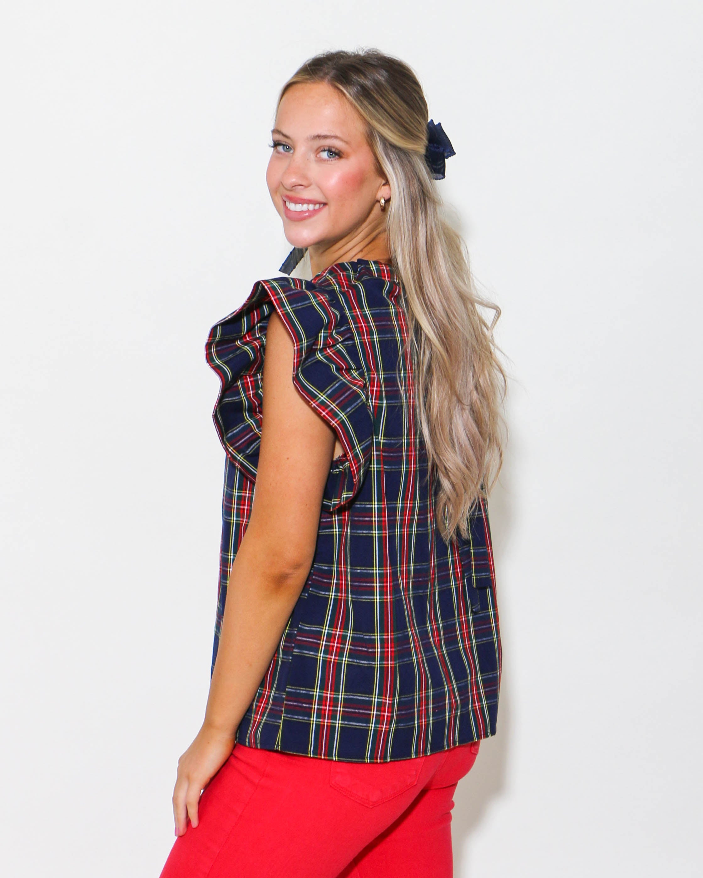 Navy Plaid Print Ruffled Sleeve Top