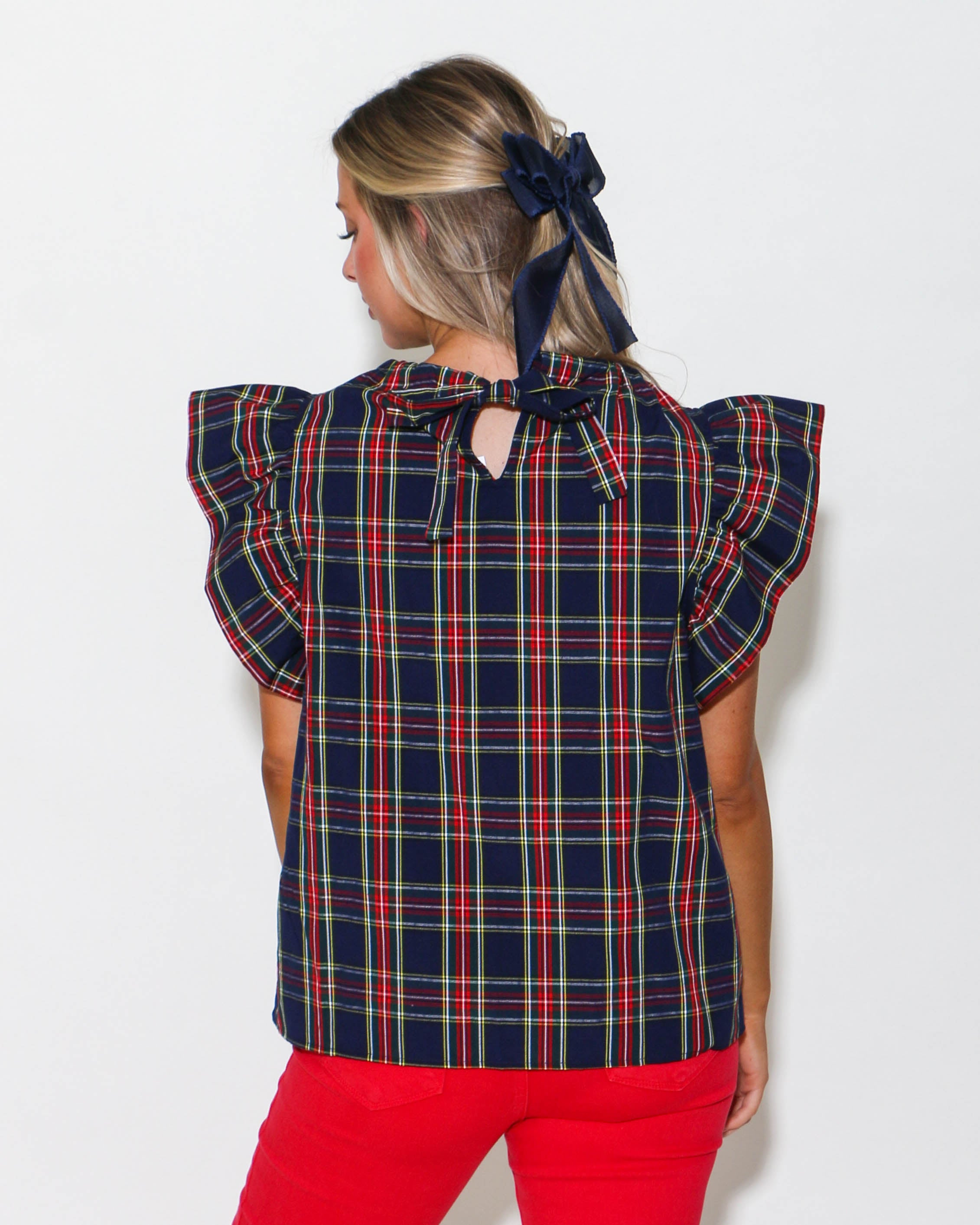 Navy Plaid Print Ruffled Sleeve Top