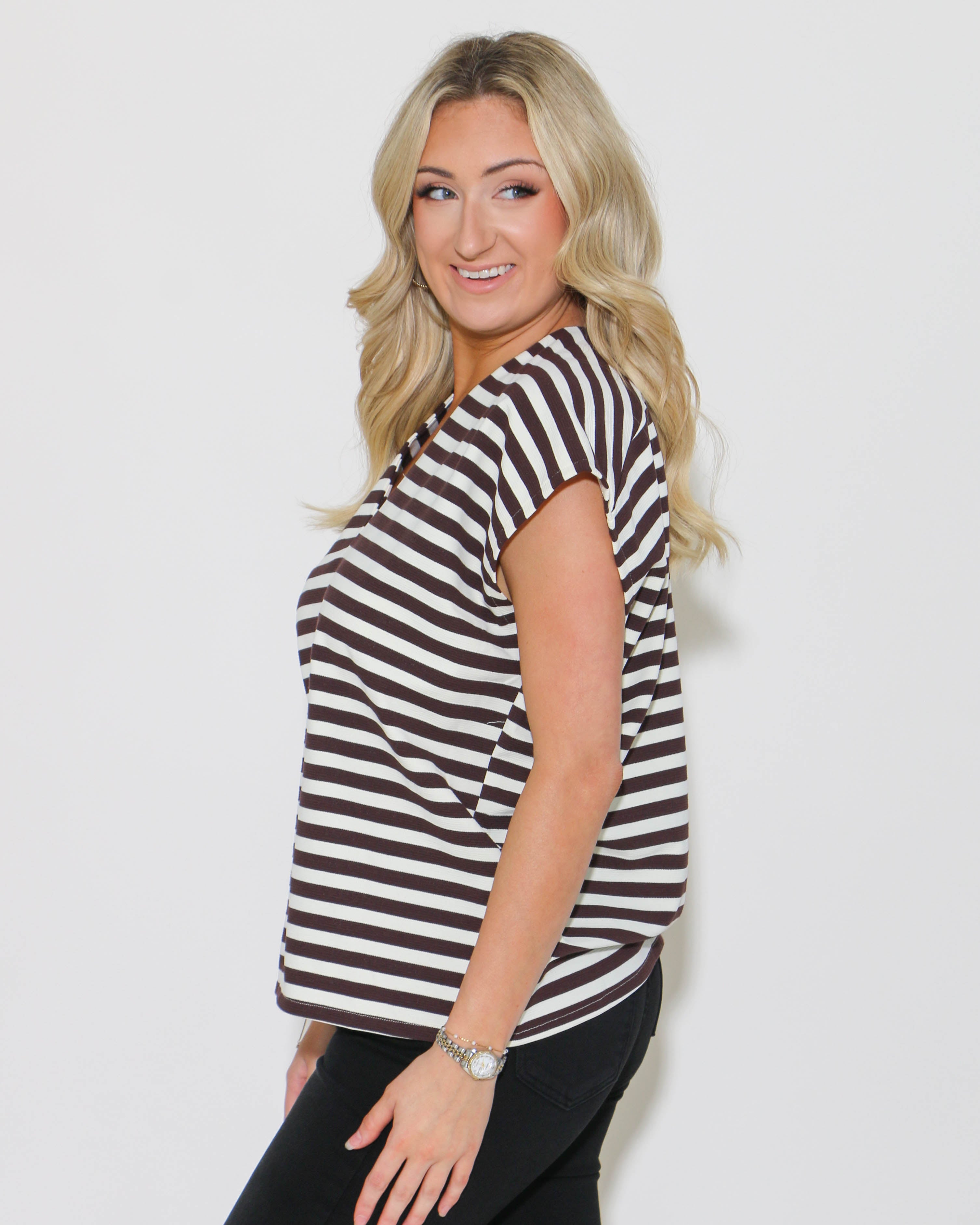 Stripe V-Neck Short Sleeve Top in Brown