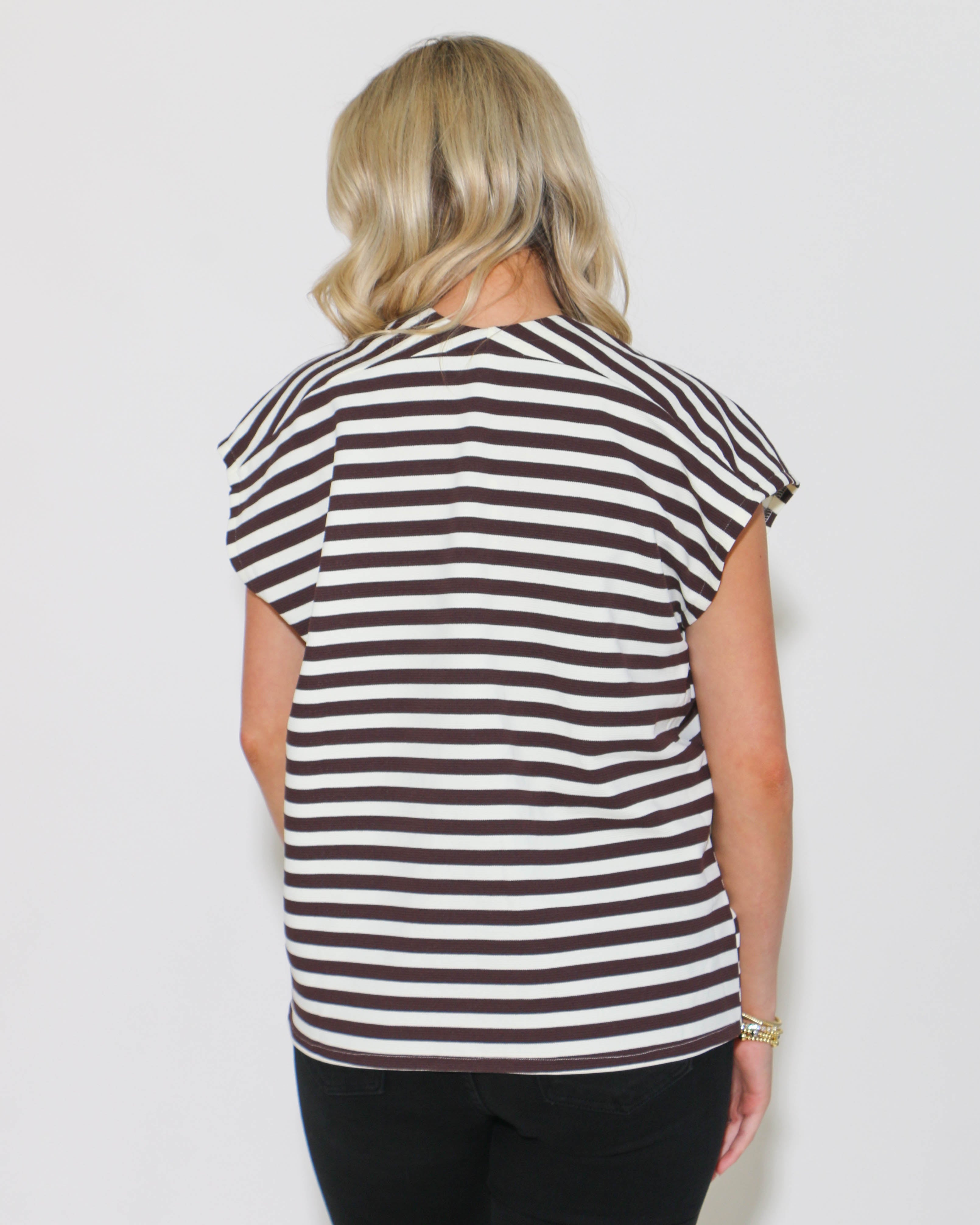 Stripe V-Neck Short Sleeve Top in Brown