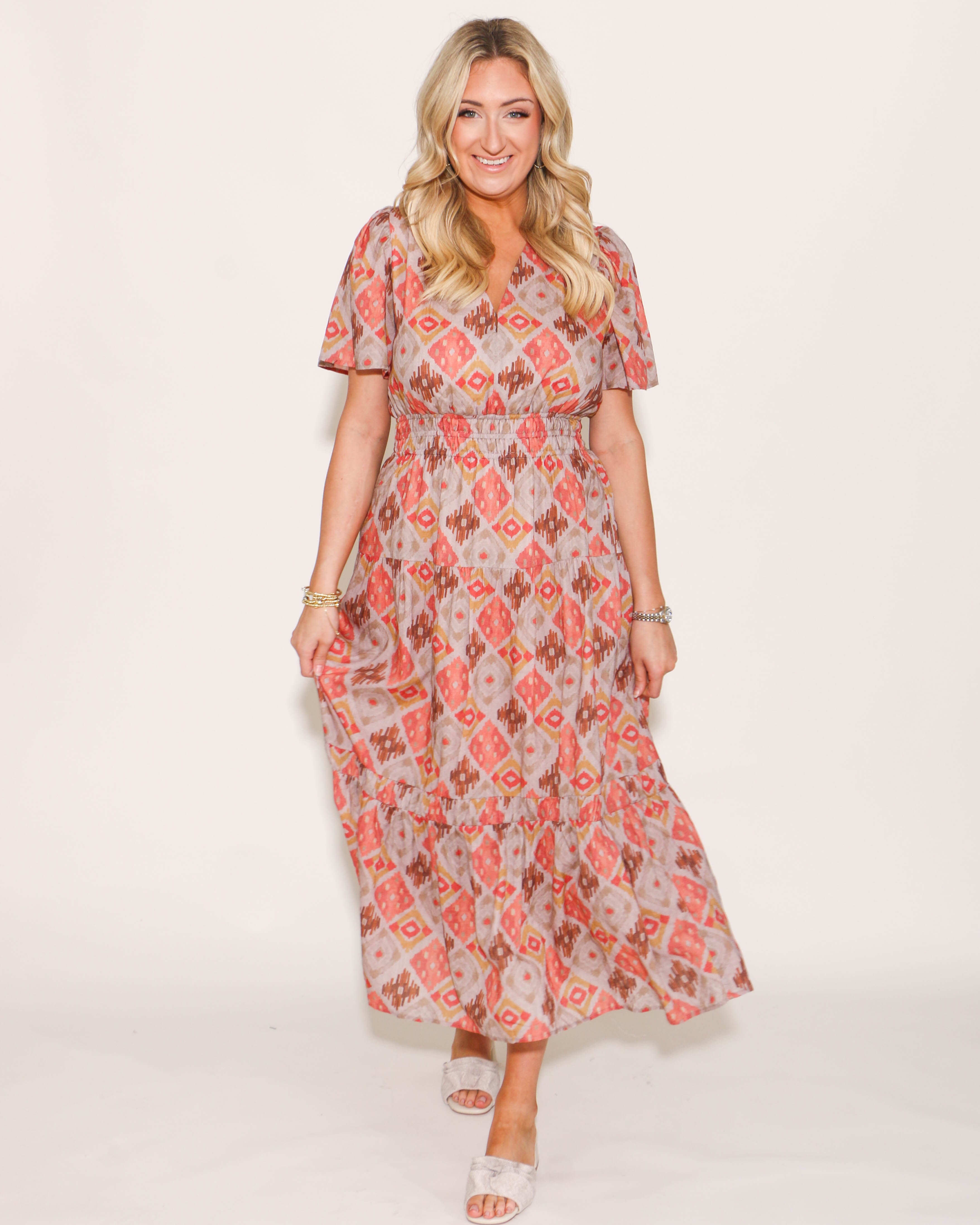 THML Smocked Waist Tiered Print Maxi Dress