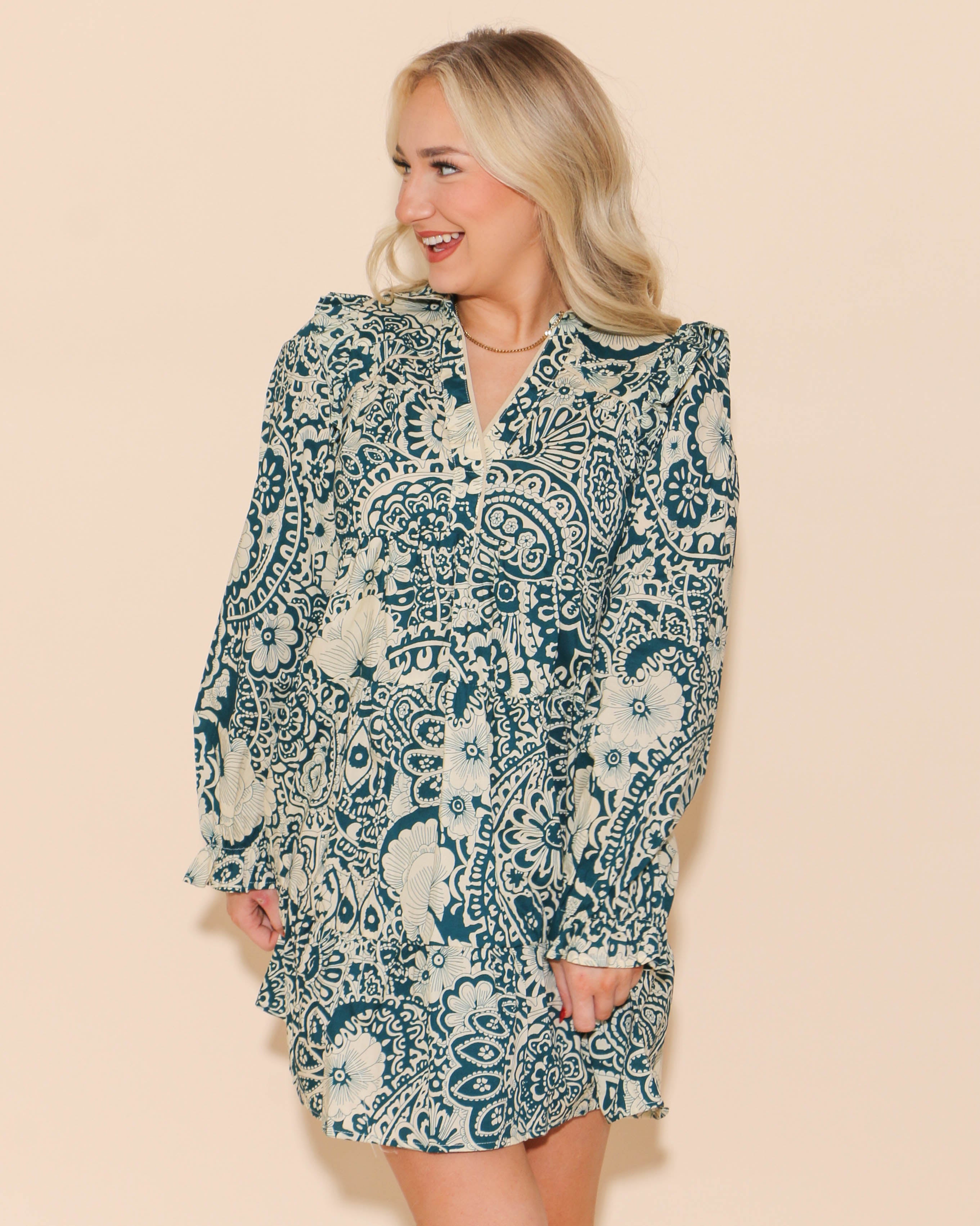 Mixed Print Flutter Ruffle Long Sleeve Dress