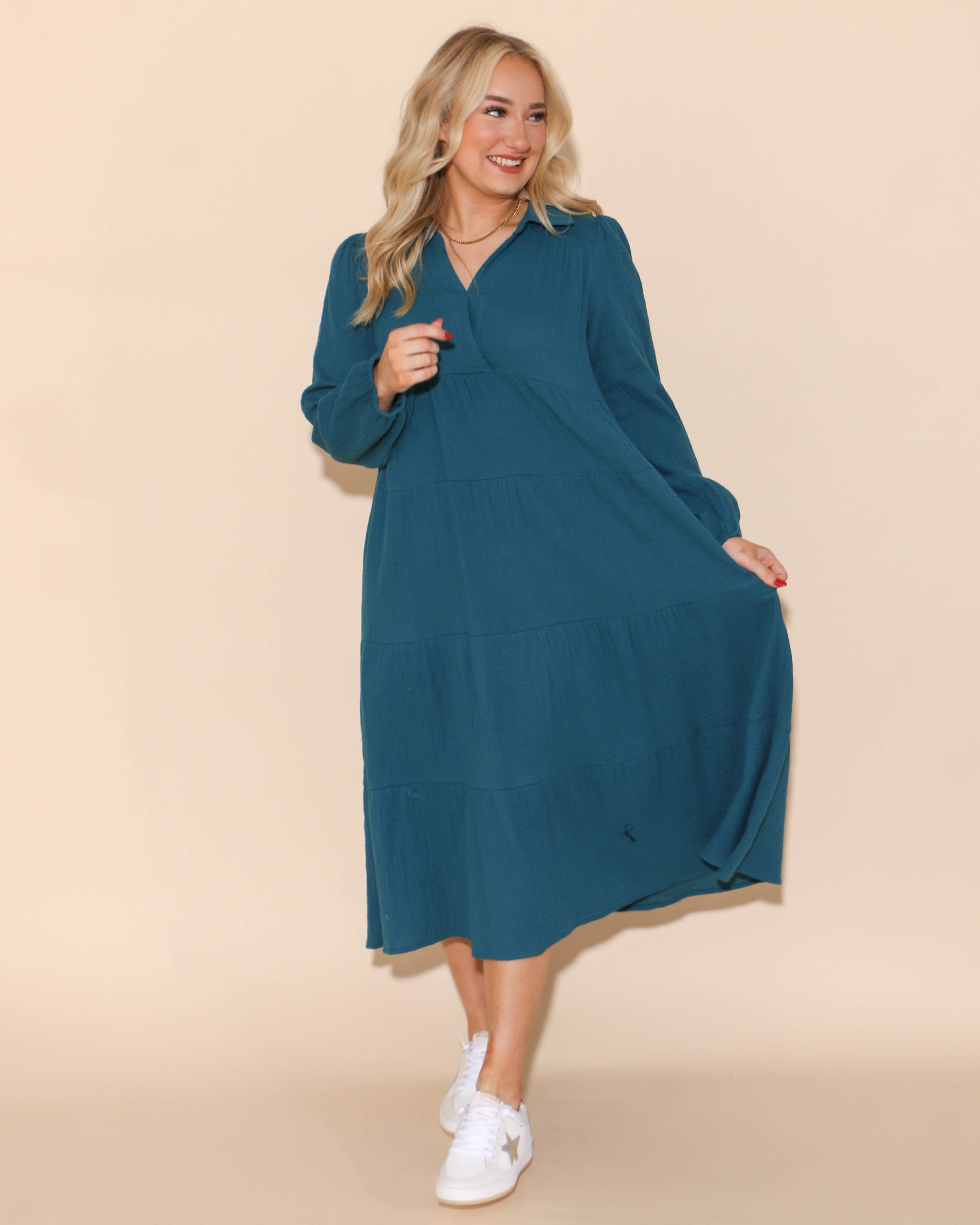 Gauze Long Sleeve Split Neck Maxi