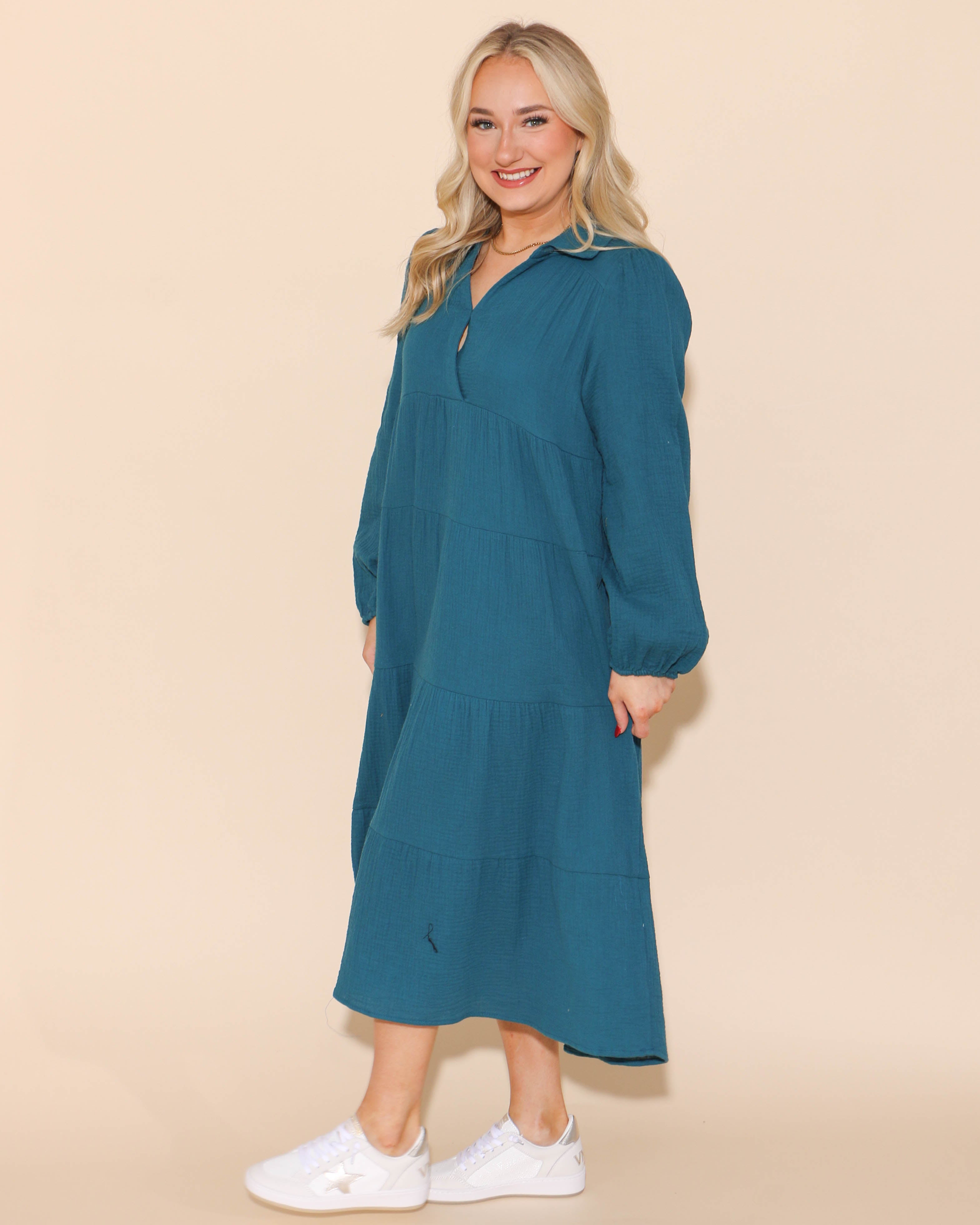 Gauze Long Sleeve Split Neck Maxi