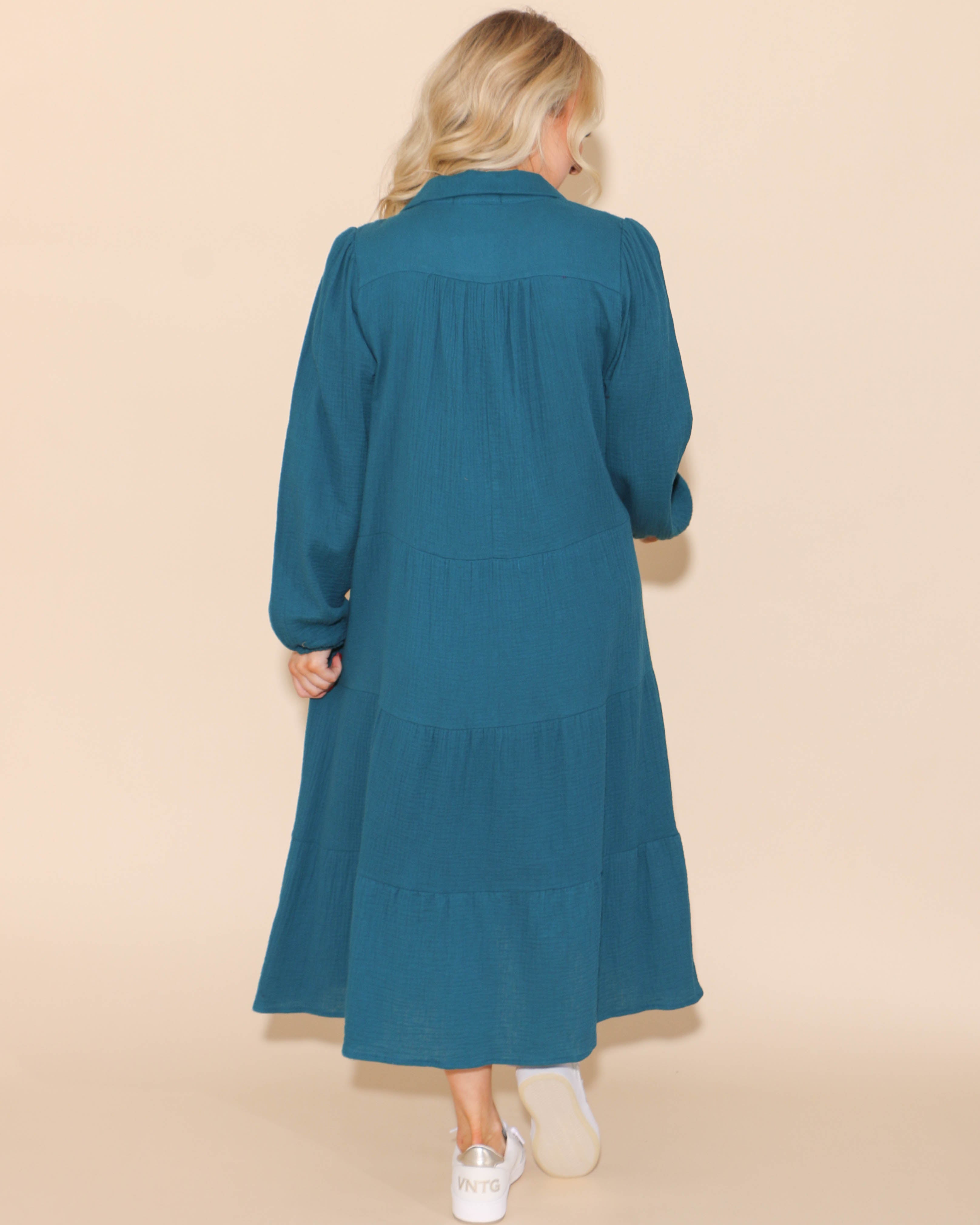 Gauze Long Sleeve Split Neck Maxi